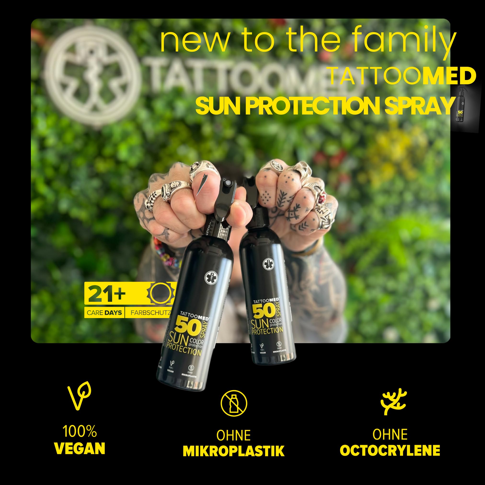 Tattoomed Sun Protection SPF 50 Spray – Protection solaire puissante spécialement conçu pour les peaux tatouées – Flacon vaporisateur (150 ml)