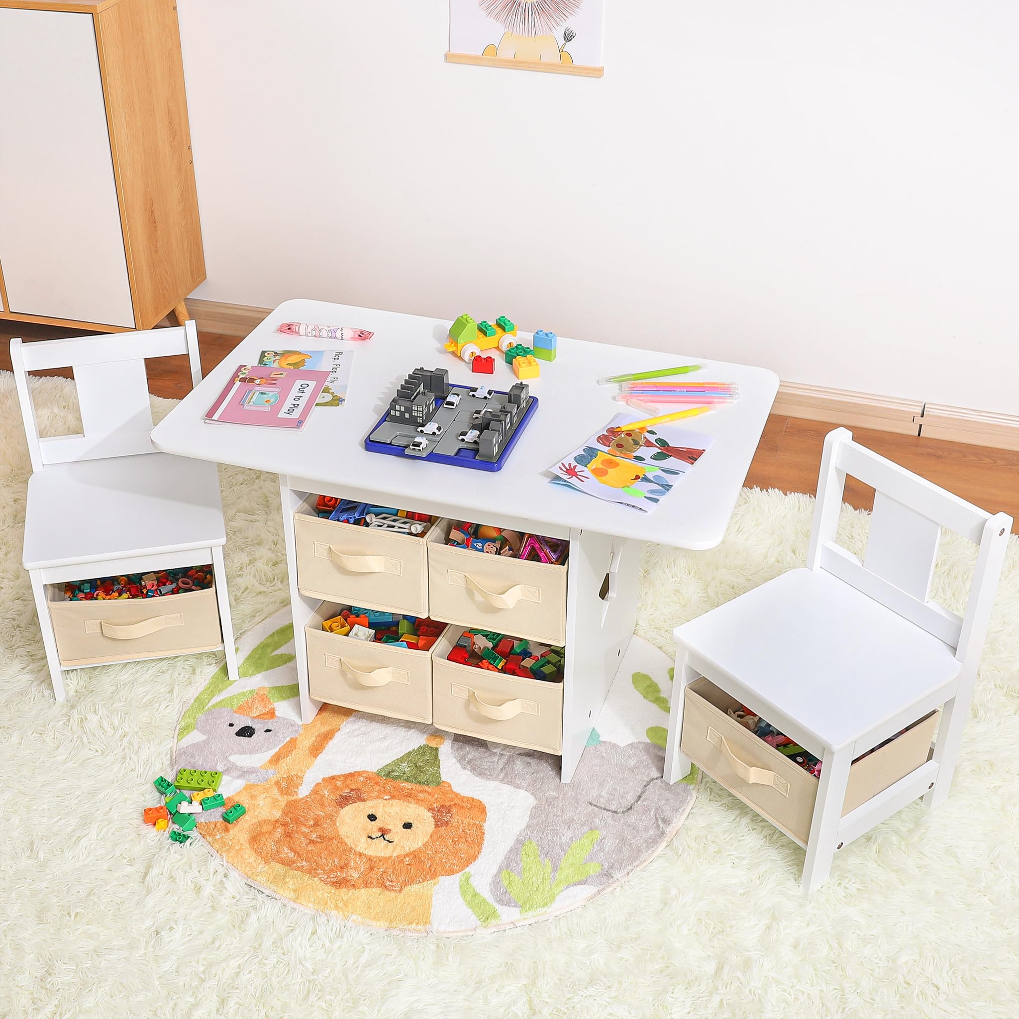 Yorbay Kindertisch mit 2 Stühlen Holz: 3 teilige Kindersitzgruppe mit Stauraum - Multifunktionaler Kinder Tisch Stuhl Set Sitzgruppe für ab 3 Jahre - Maltisch Spieltisch für Kinderzimmer