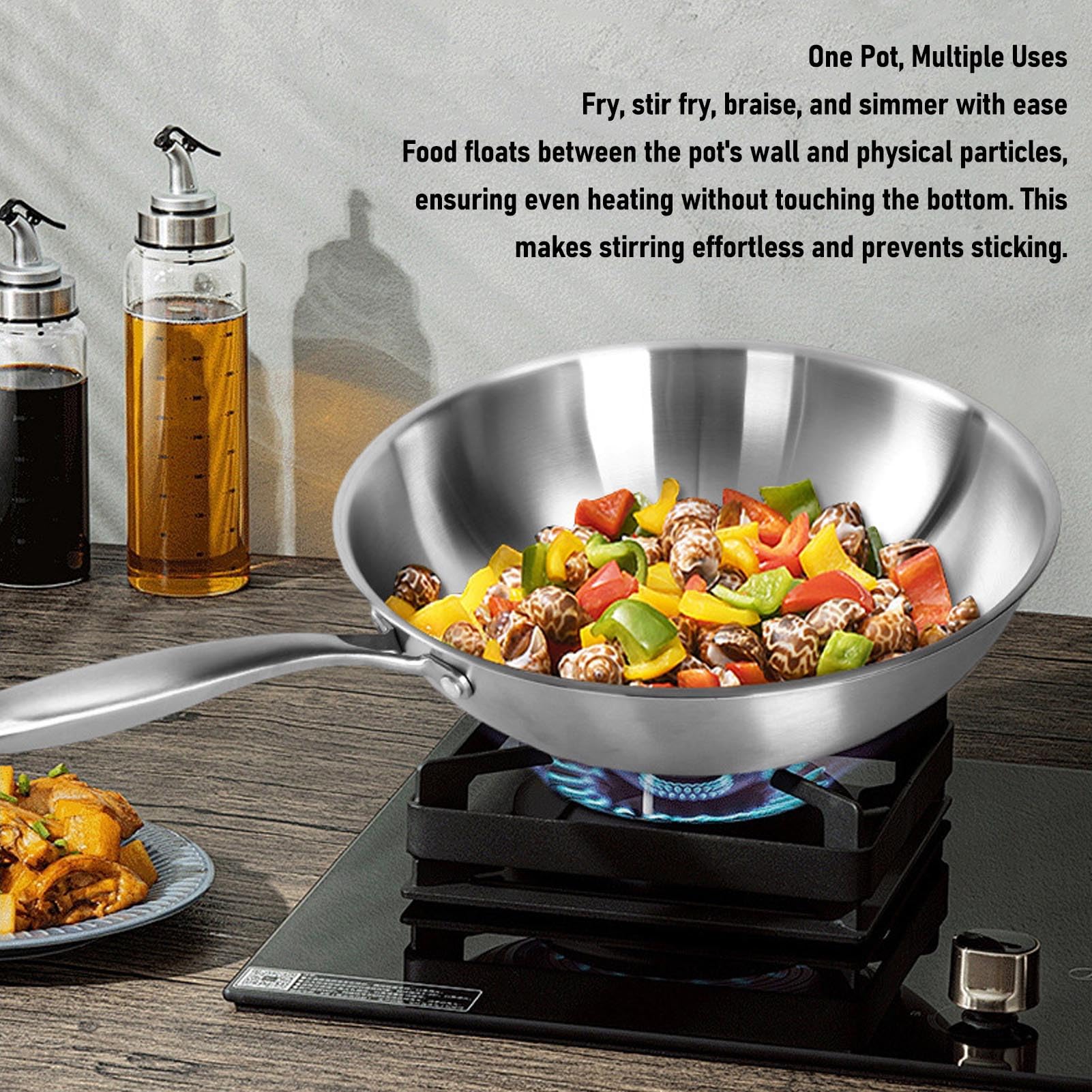 Cocoarm Wok de Acero Inoxidable, Acero Inoxidable 304 de Grado Alimentario con Núcleo de Aluminio para un Calentamiento Rápido y Uniforme, Compatible con Inducción, Apto para (34CM)