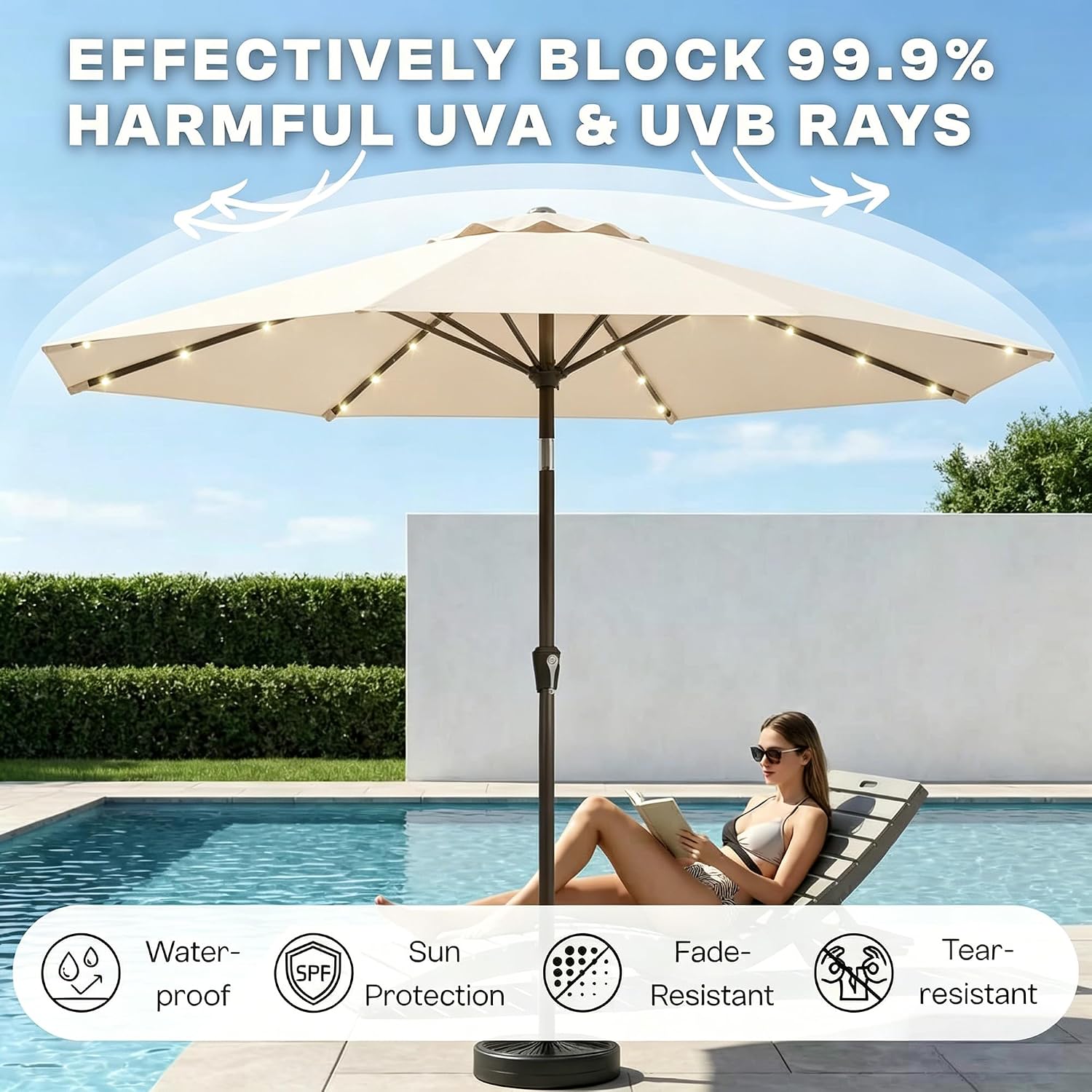10FT Solar Lighted Patio Umbrella, Outdoor Table Market Umbrellas with Push Button Tilt and Crank, 32 LED Lights, 8 Sturdy Ribs, UV-Resistant for Deck, Garden, Pool