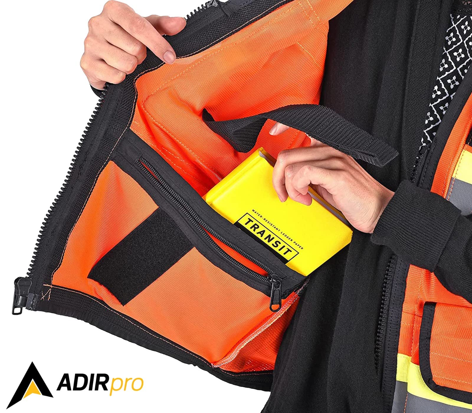 AdirPro - Chaleco de seguridad resistente conforme a ANSI, chaleco reflectante de alta visibilidad con cremallera y bolsillos utilitarios para inspectores, ingenieros, trabajadores de la construcción