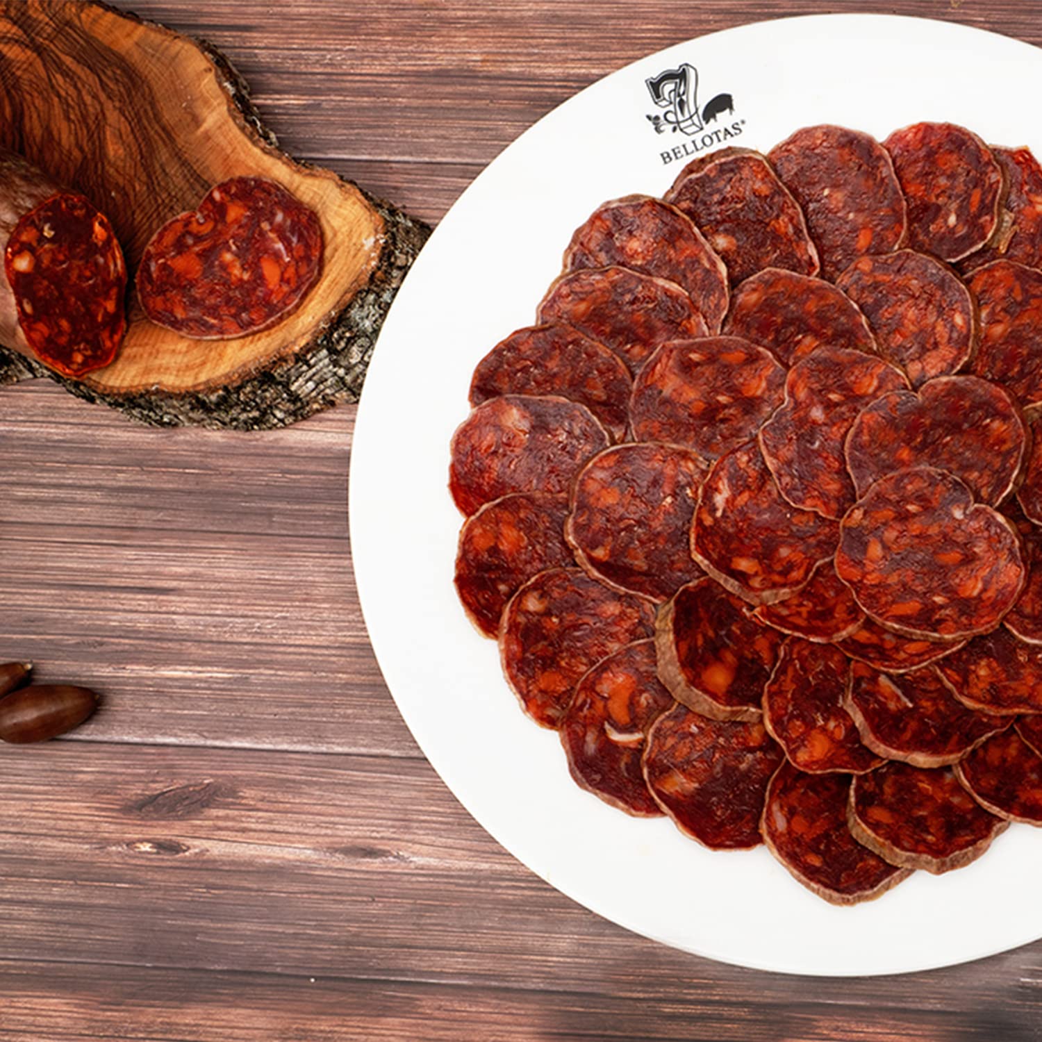 7 BELLOTAS Iberico de Bellota Chorizo | Chorizo-Salami aus Pata Negra Eichelfütterung von 100% Iberischen Schweinen | Natürlich luftgetrocknete Salamanca Würste (In Scheiben geschnitten 5 X 100 gr.)