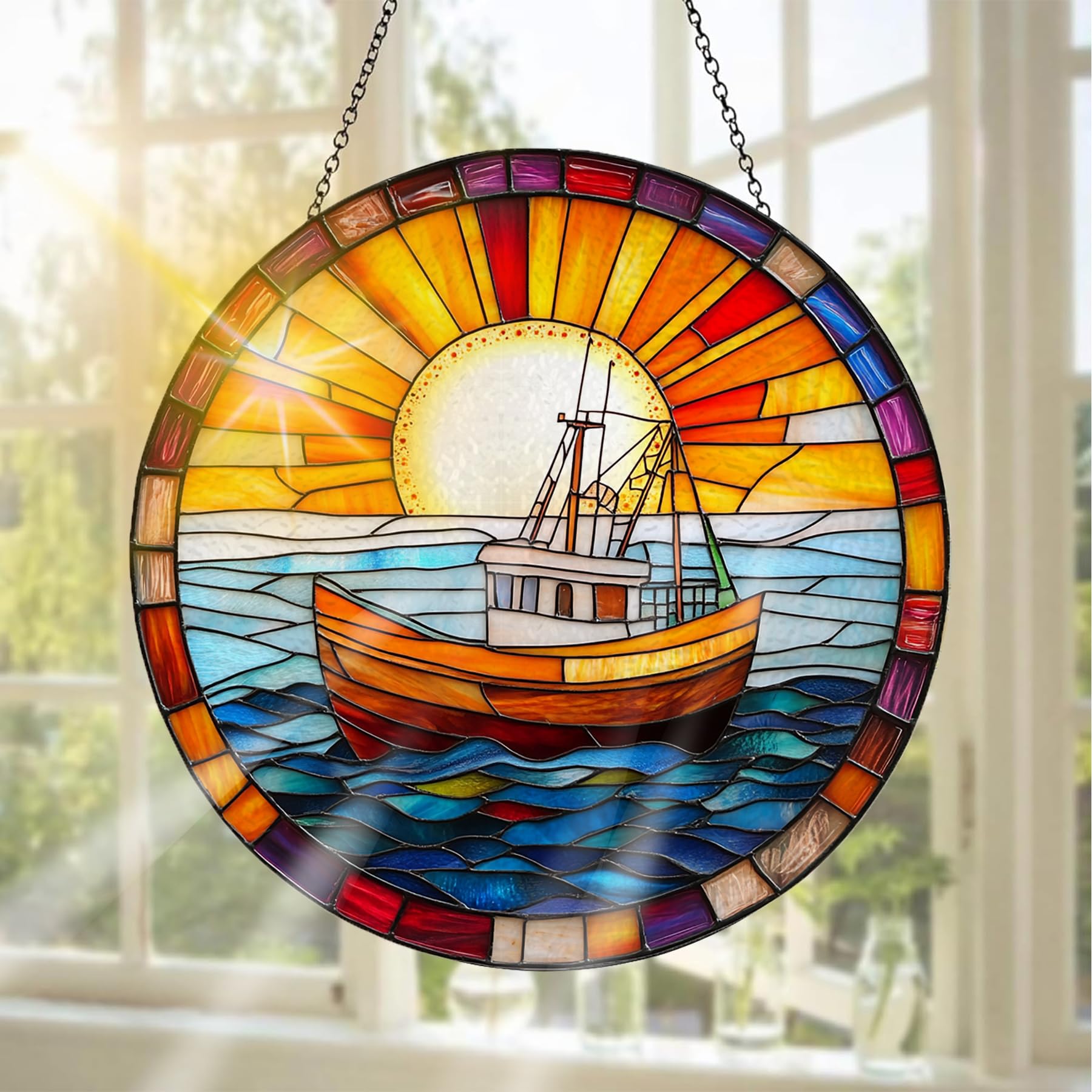 Pavemlo Ship Suncatcher Indoor Stained Glass Window Hanging - Outdoor Window Hanging Decoration - Sun Catcher Home Decor Mother's Day Birthday Gifts for Women, Men Mom 20x20 cm