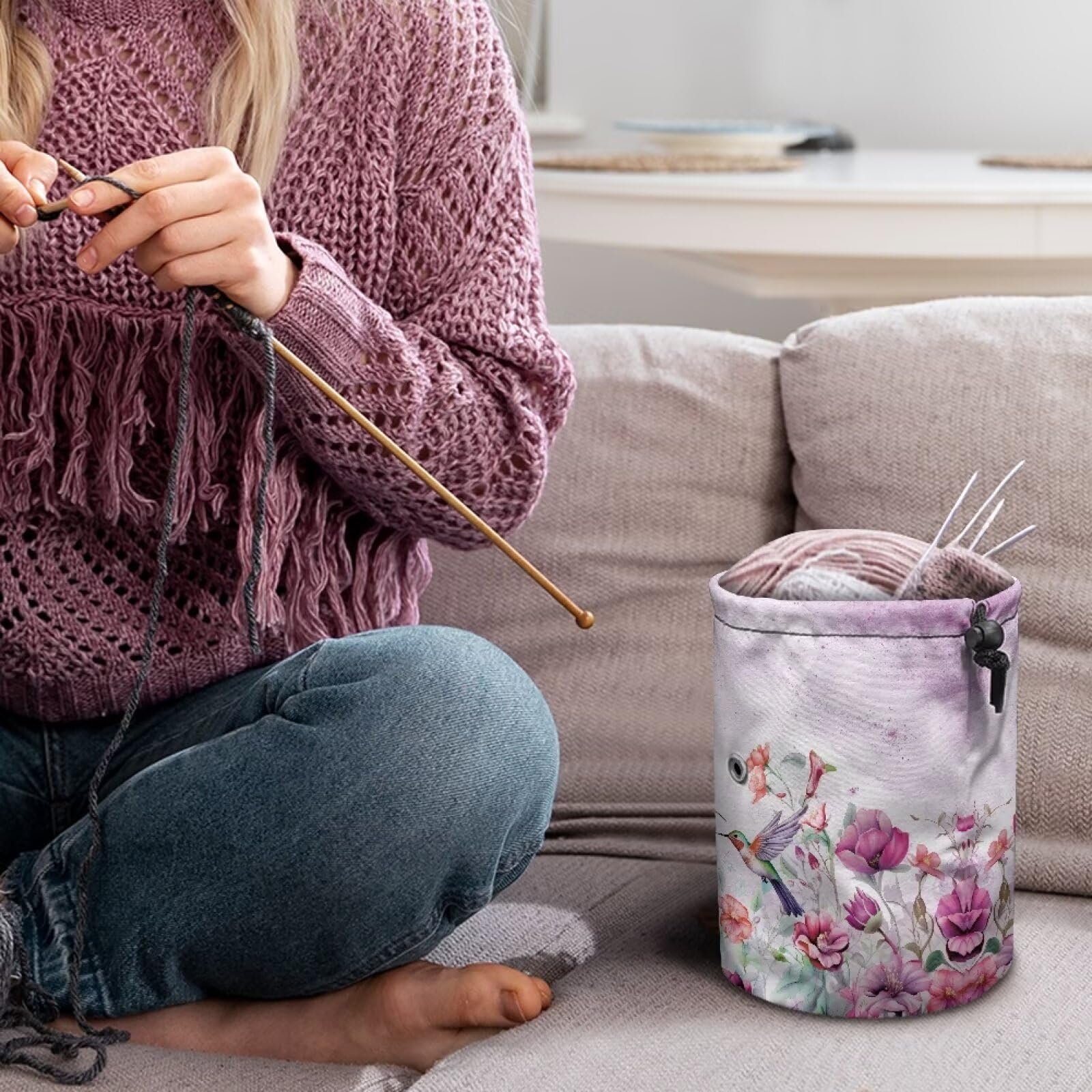 Vanideaoty Hummingbird Crochet Bag with Drawstring Flroal Knitting Accessories Store Skein Ball Yarn Bag Perfect for Travel, Beginner & Crocheter