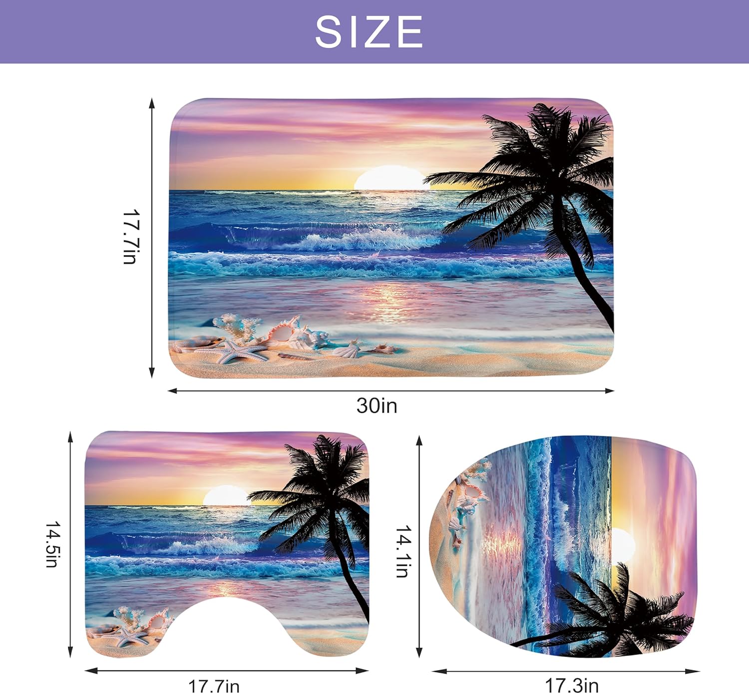 Newsely 4Pcs Ocean Sunrise Shower Curtain Set with Non-Slip Rugs, Toilet Lid Cover and Bath Mat, Beach Tropical Palm Tree Hawaiian Shower Curtain with 12 Hooks, Summer Bath Curtain for Bathroom Decor