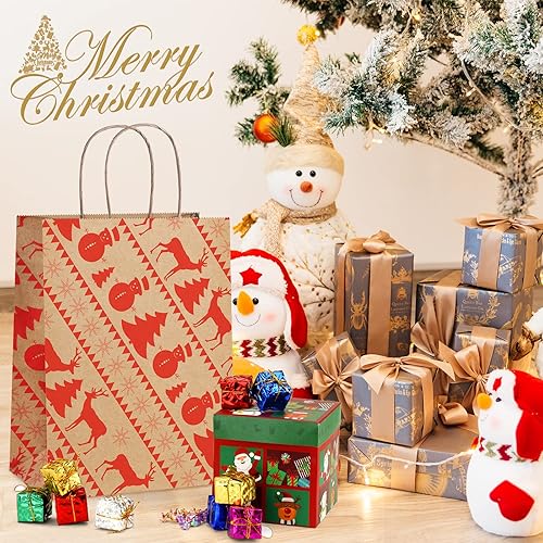 Miniatura 4 de BagDream Bolsas de regalo de Navidad, 24 unidades, 8 x 4.25 x 10.5 pulgadas, bolsas de regalo de papel kraft con asas, 6 patrones de Navidad, bolsas