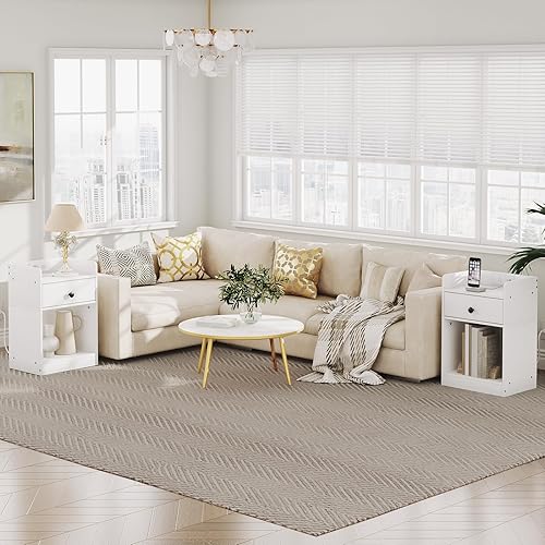 Miniatura 7 de HOOBRO Mesita de noche con estación de carga, mesa auxiliar con cajón y estante de apertura, mesita de noche con puertos USB y tomas, mesita de