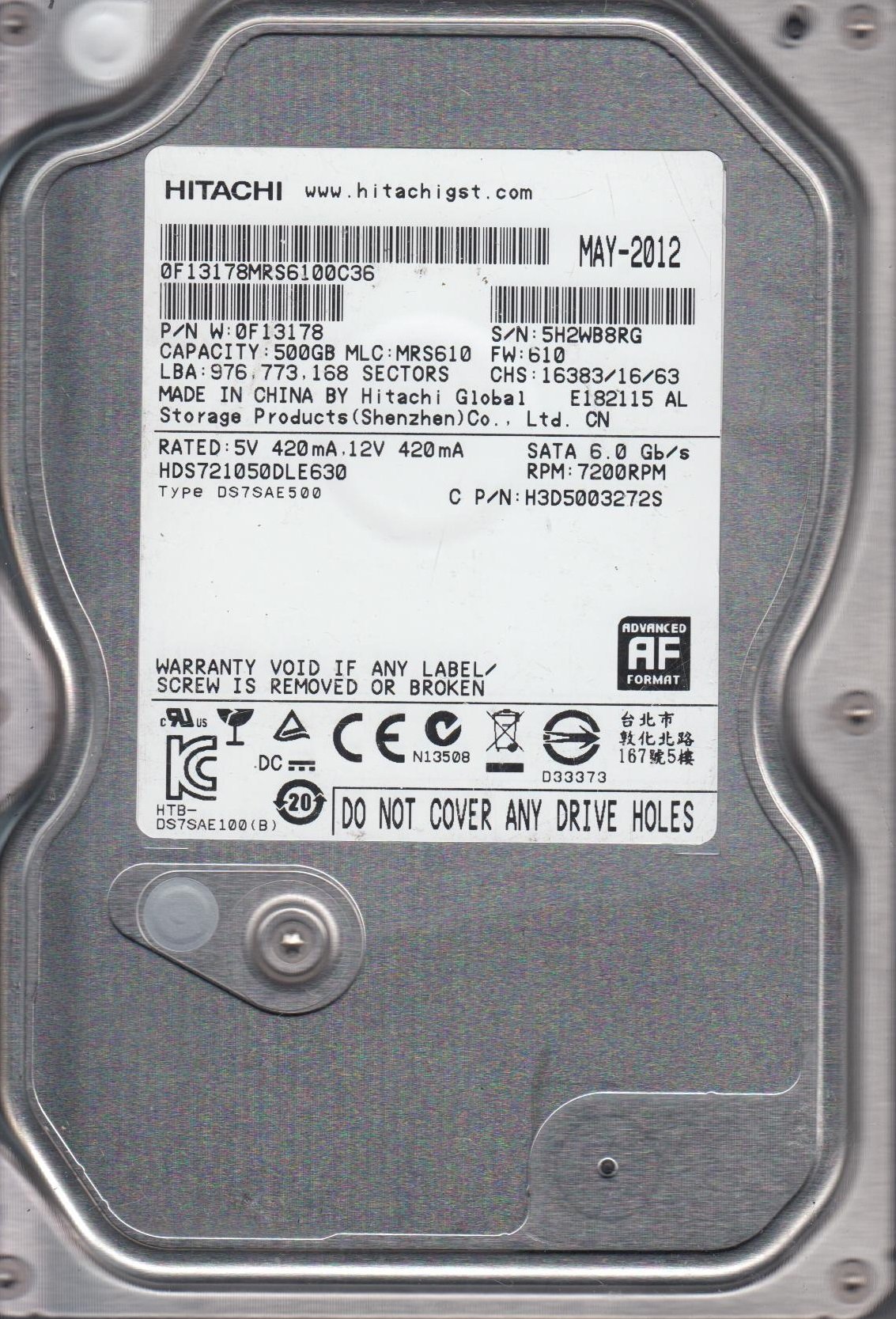 Amazon | hds721050dle630、PN 0 F13178、MLC mrs610、Hitachi 500 GB