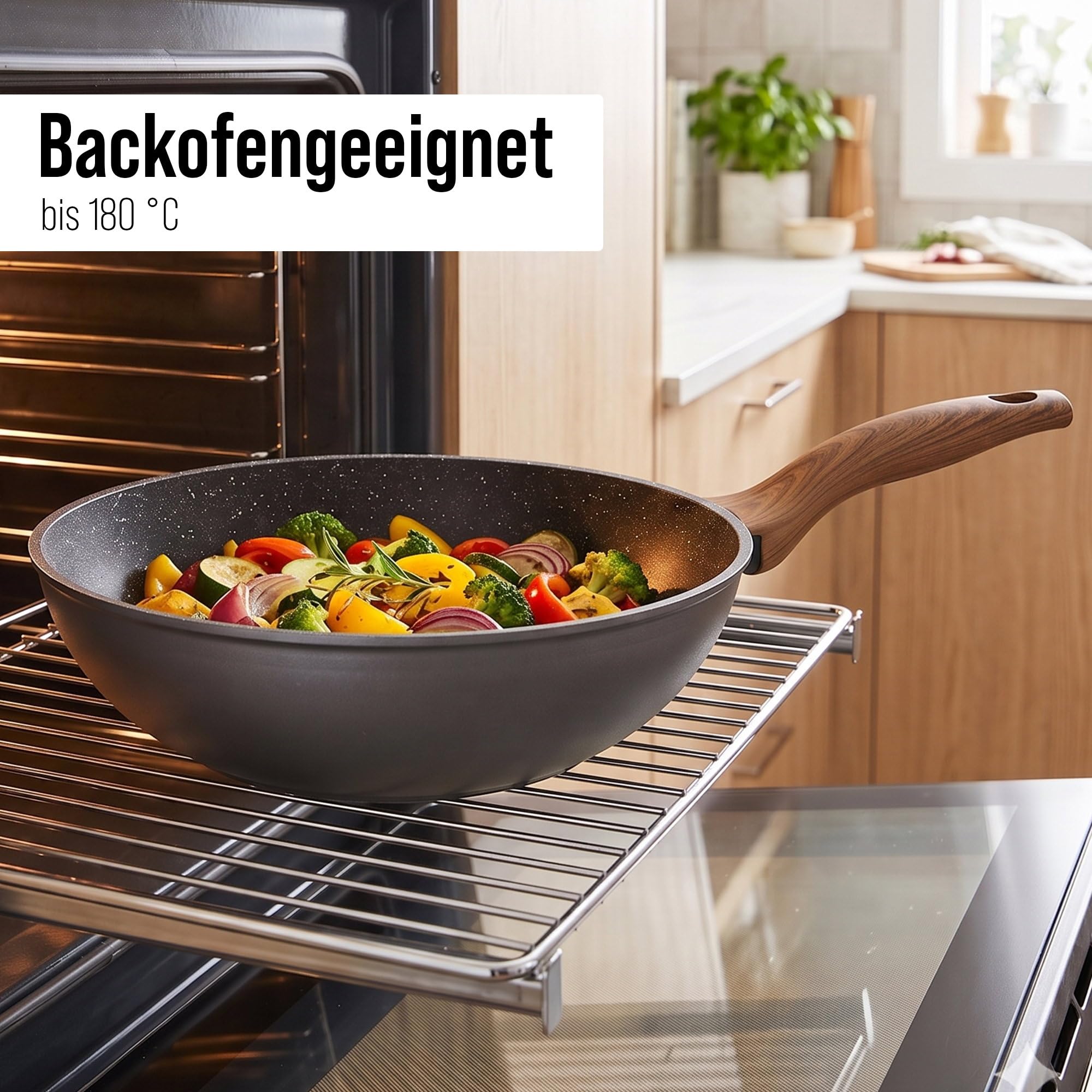 STONELINE Back to Nature Made in Germany Wok 30 cm, auch für öl- und fettfreies Braten, Wok Pfanne beschichtet mit echten Steinpartikeln, Wok Induktion und backofengeeignet