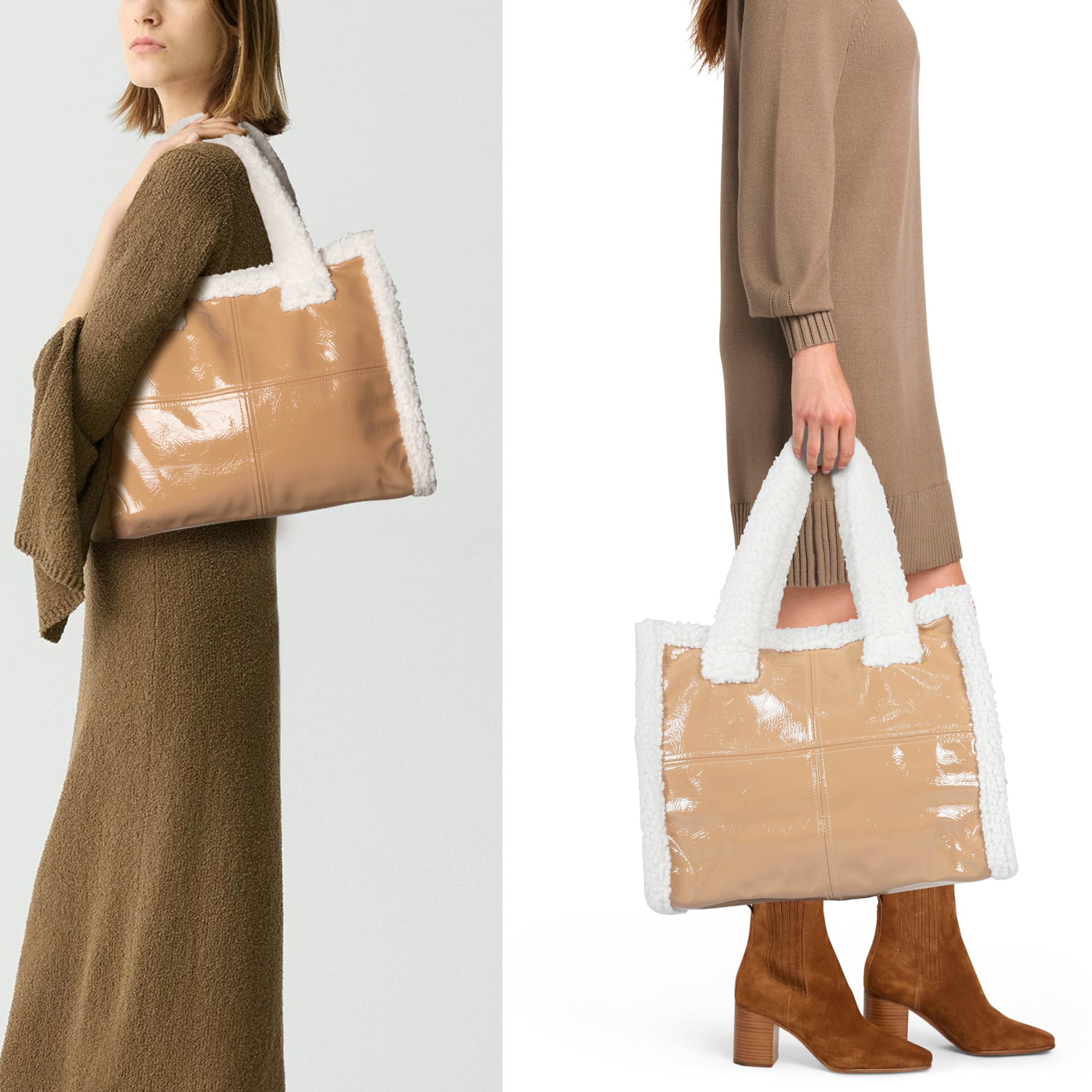 DUBELlE Faux Fur Tote Bag for Women PU Leather Shearling Purse Large Handbag with Furry Top-handle Fluffy Sherpa Shoulder Bag