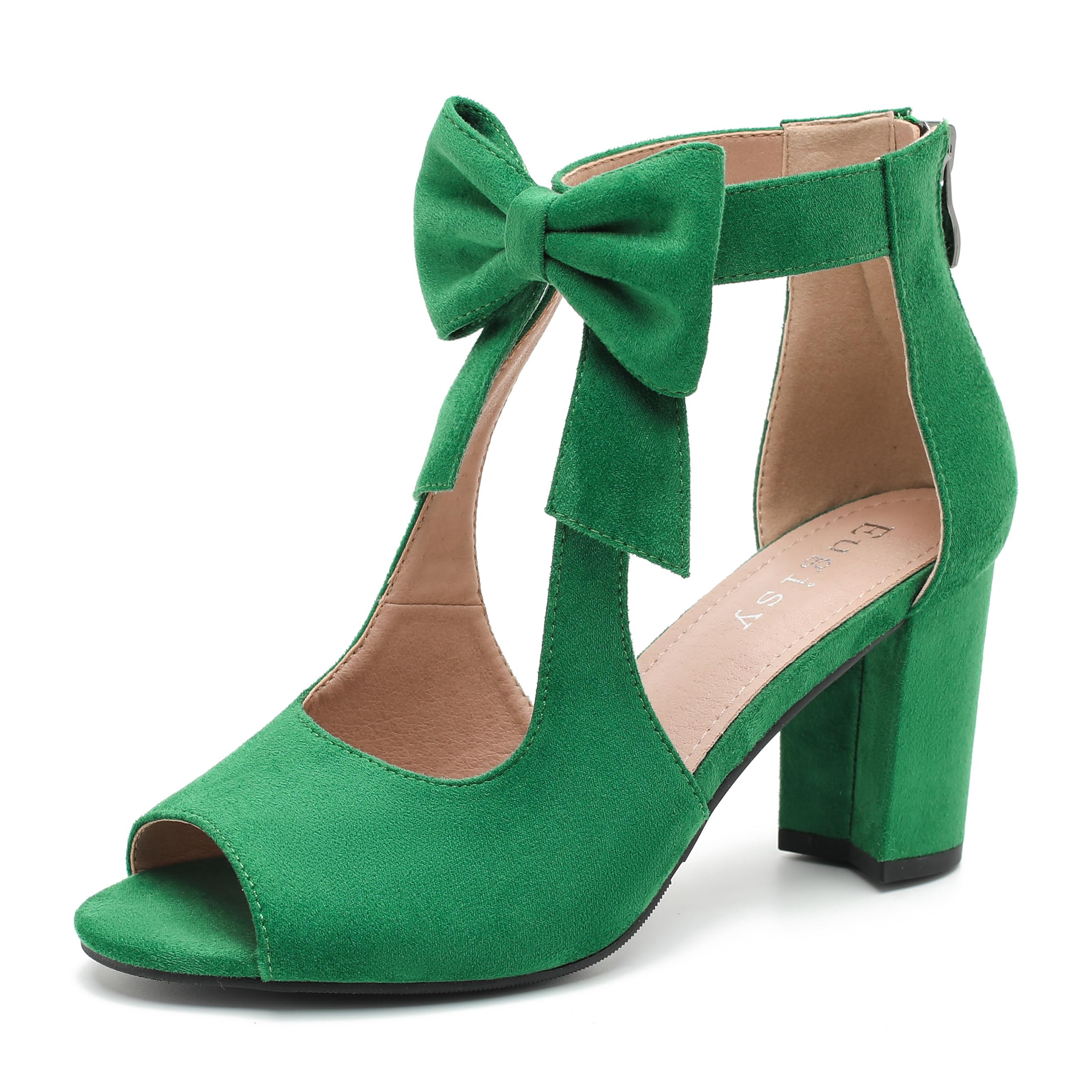 Eugisy Women's Bows Strappy Sandals Open Toe Chunky High Heels Sandals Ankle Strap Dressy Pumps Back Zip Cutout Heeled Summer Party Sandals