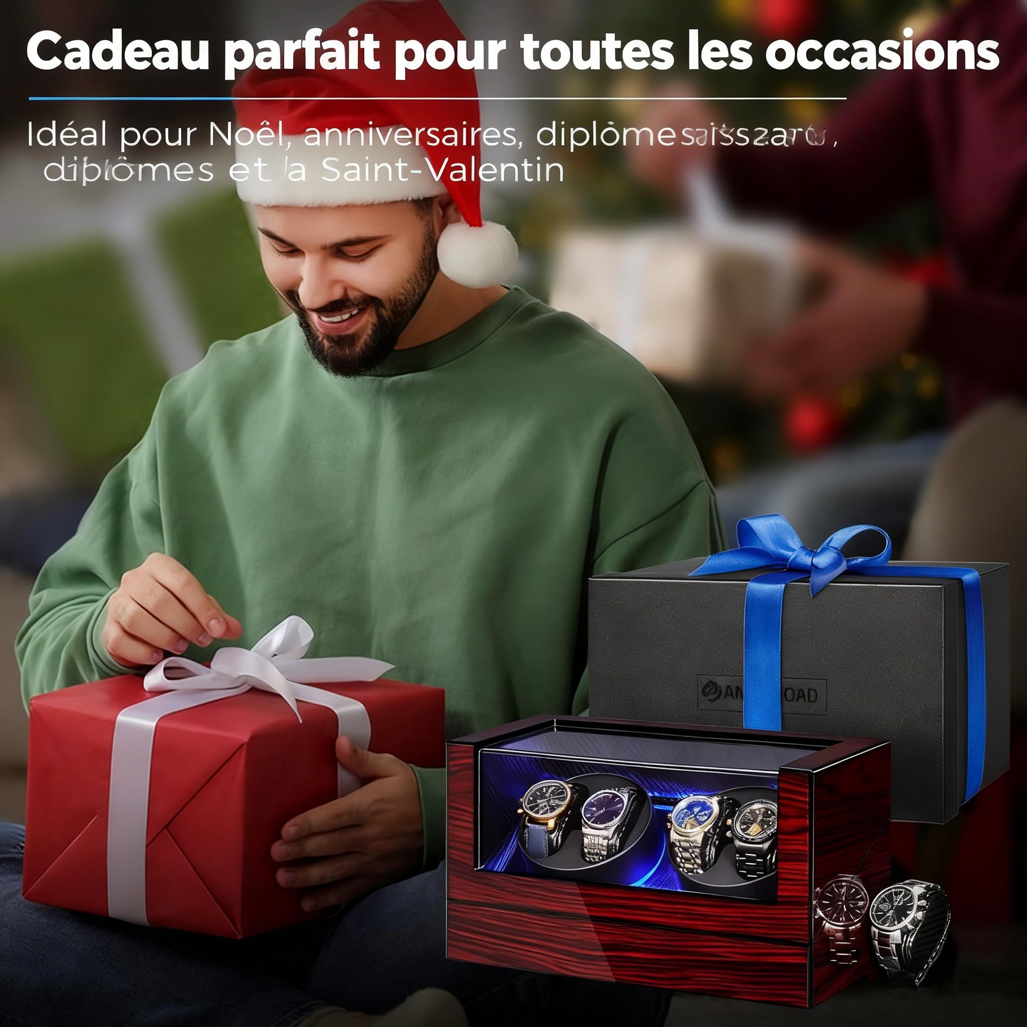 ANWBROAD Remontoir Montre Automatique, Boîte Remontoir pour Montres Automatiques avec éclairage LED,Boite Montre Automatique,Supersilencieux Luxueux Watch Winder LED Légère,4 Modes de Rotation,JWW011Y