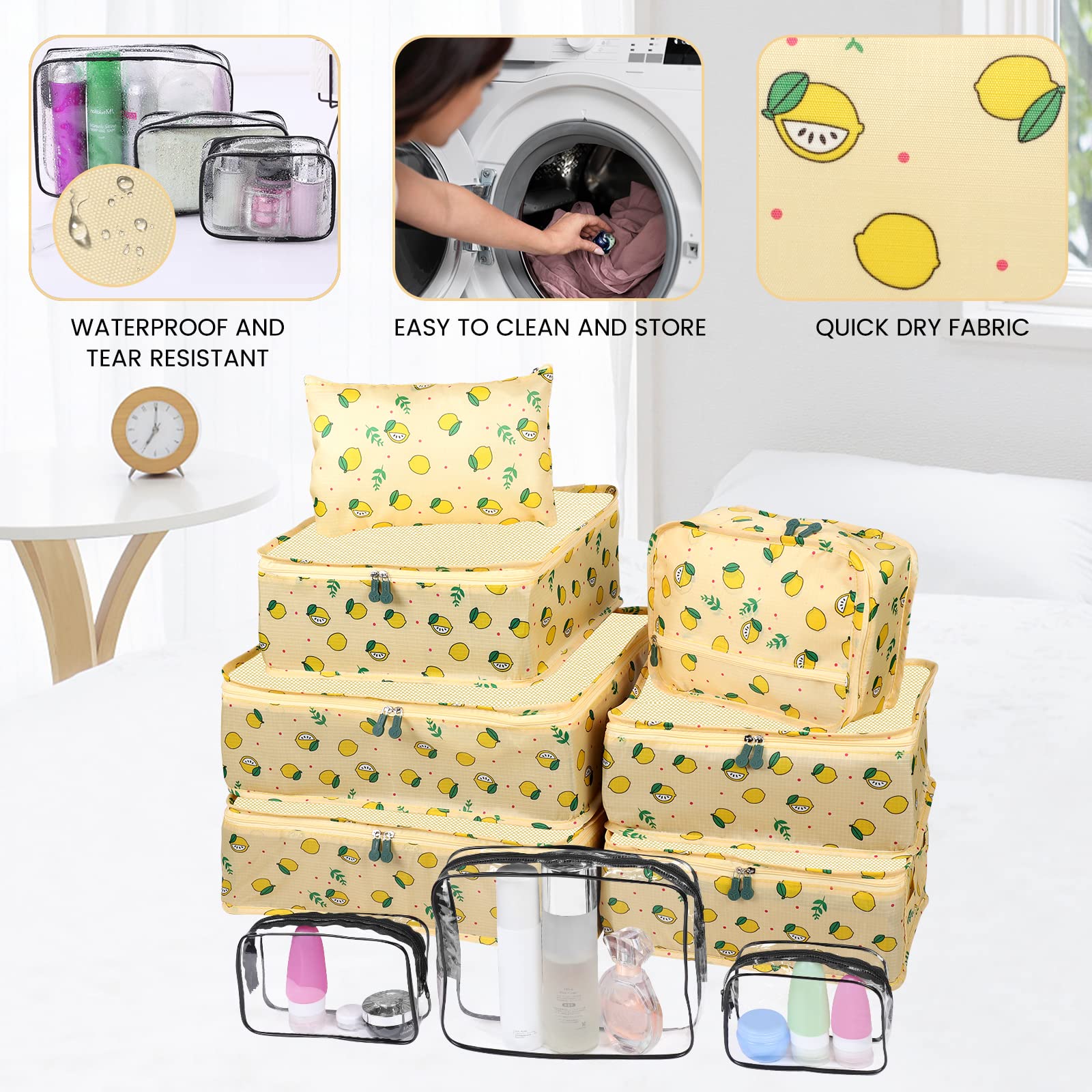 Enloffi Organizer Valigie 10 Pezzi Set Sistema di Cubo di Viaggio Impermeabili Viaggio Accessori Utili per Vestiti Scarpe Biancheria Intima Cosmetici Set di Valigie Portaoggetti, Giallo Limone