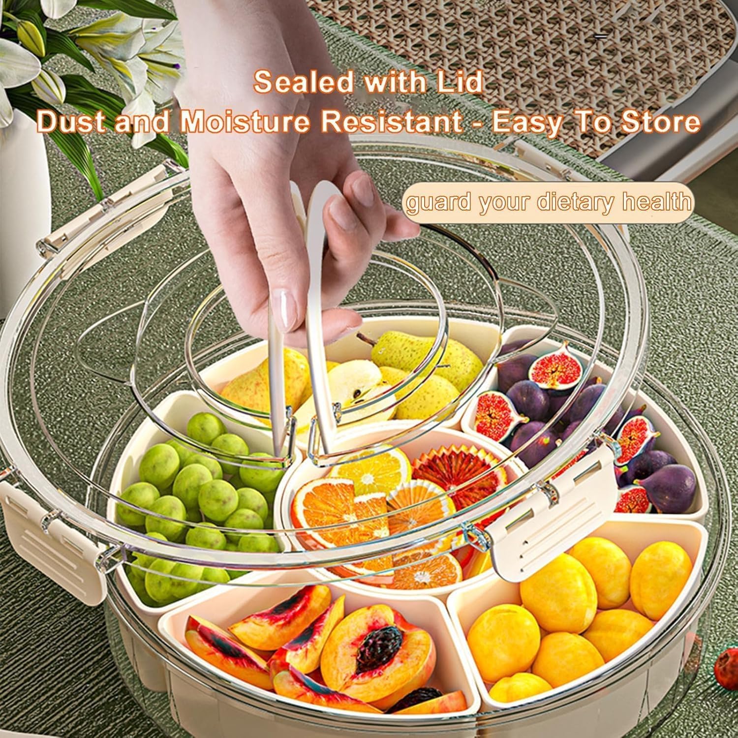 Contenitore portatile per snack con coperchio e manico, vassoio girevole con 6 scomparti trasparenti per snack, frutta, dolci, ideale per feste e viaggi