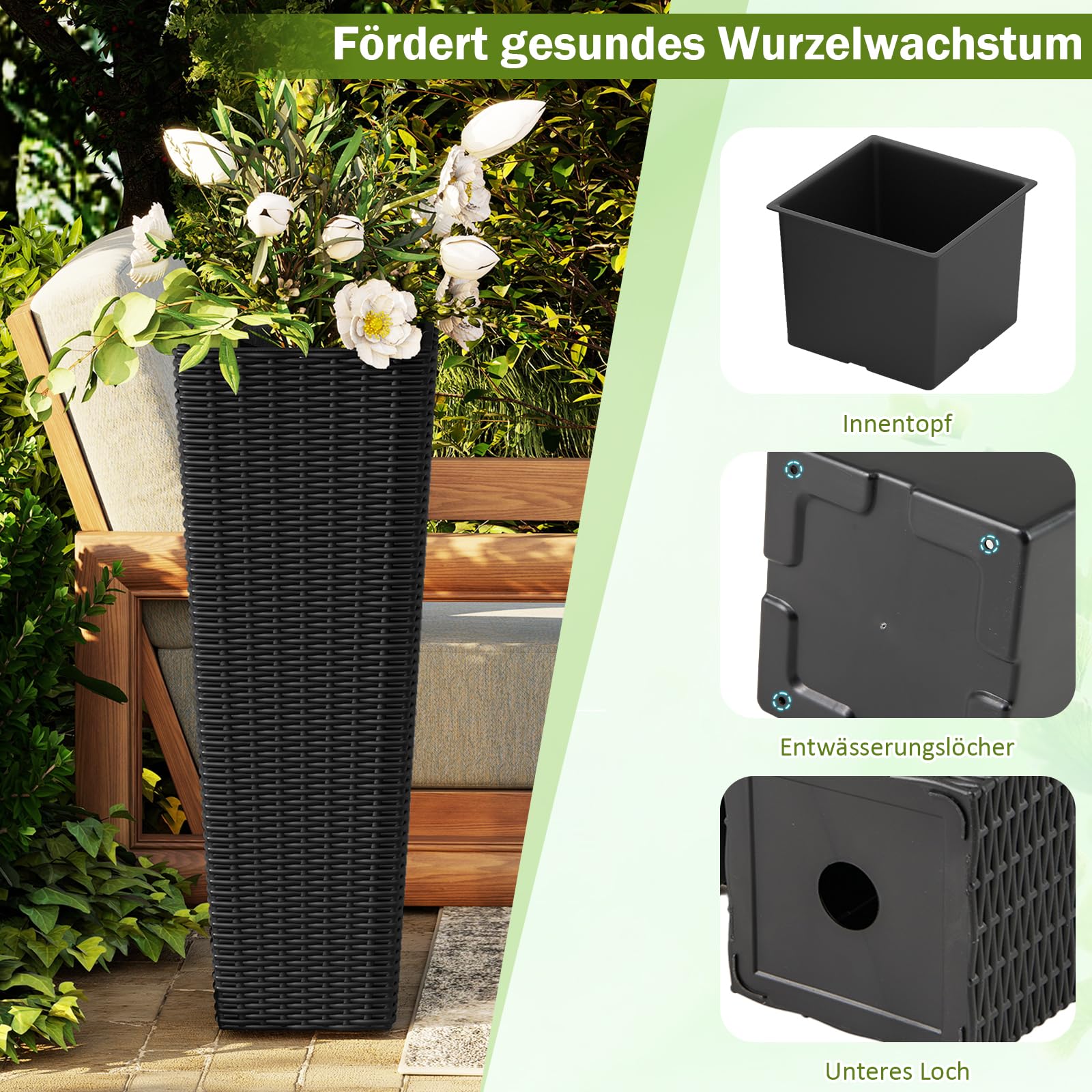 RELAX4LIFE 2er Set Pflanzkübel, 82 cm / 60 cm hoch, Rattan Blumentopf wetterfest, Pflanzentopf mit Entwässerungslöchern, Übertopf für Garten, Balkon und Veranda (Schwarz)