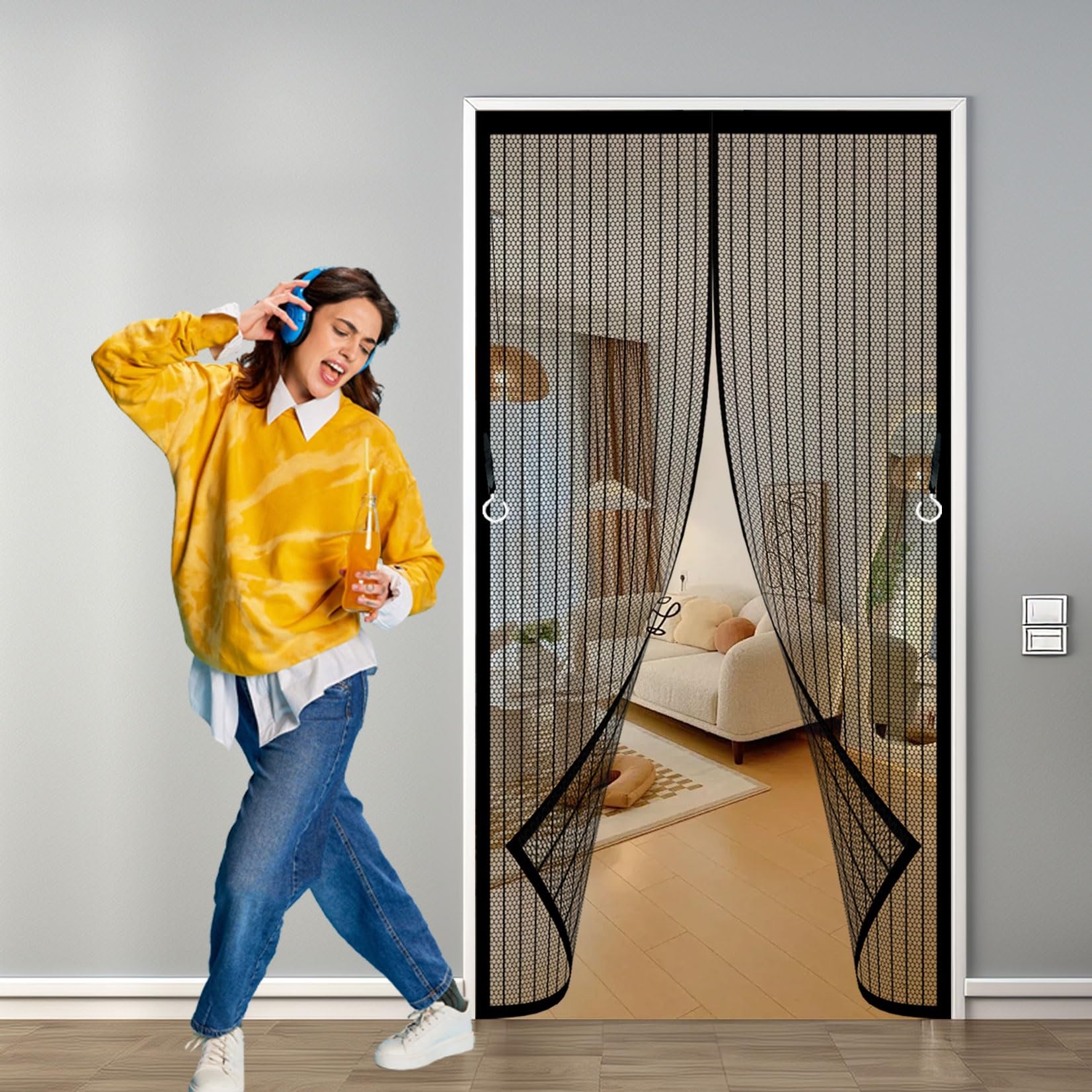 Fliegengitter Tür 130 x 204 cm Extra Starke Magnete Magnet-Verschluss Insektenschutz Fliegenvorhang mit Selbstklebendes Klettband für Balkontür/Terrassentür, Schwarz