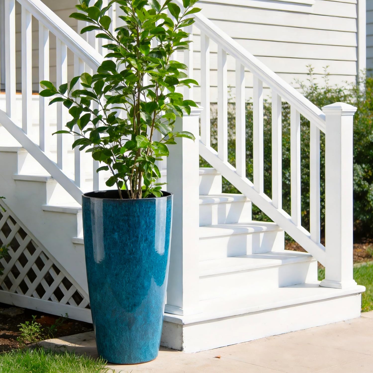 21 inch Tall Planter, Indoor Outdoor Planter Set of 2 Tall Outdoor Planters for Porch Large Planter Pot with Drainage Hole for Home Garden Front Door (Deep Blue)