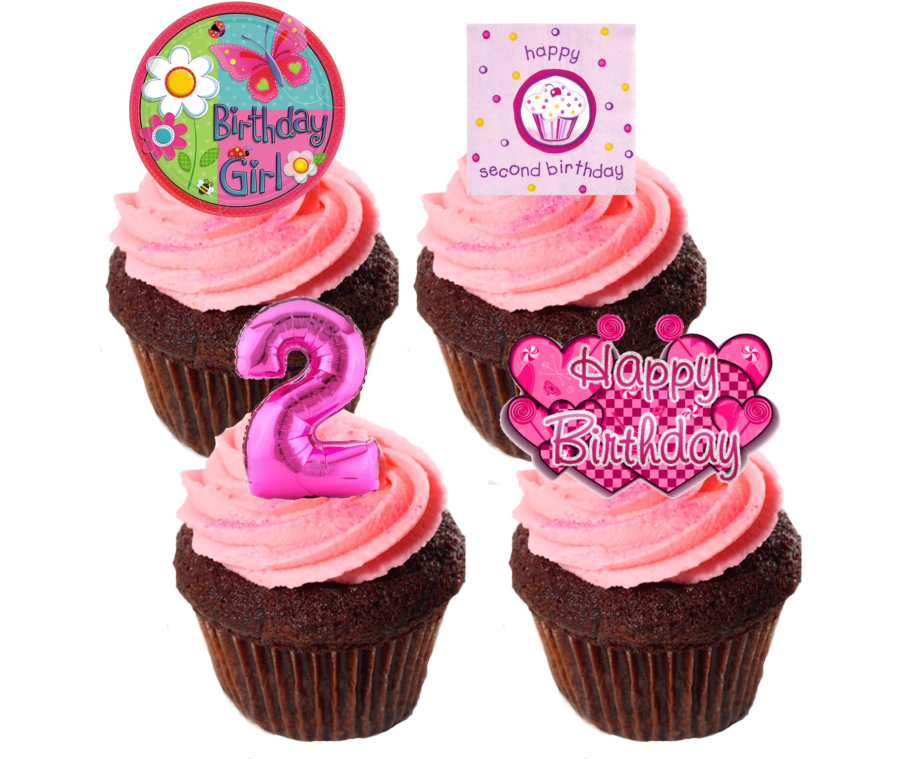 Made4You 2nd Birthday Girl, Edible Cupcake Toppers -, Pink, Stand-up Wafer Cake Decorations (Pack of 24)