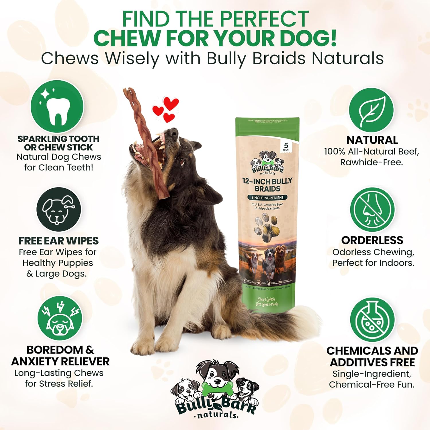 12” Odor Free Braided Bully Sticks for Dogs - 3 Count - 100% Natural Grass-Fed Beef Braided Dog Chews, High Protein, Fully Digestible & Rawhide Free, Long Lasting Bully Braids for All Breed Sizes