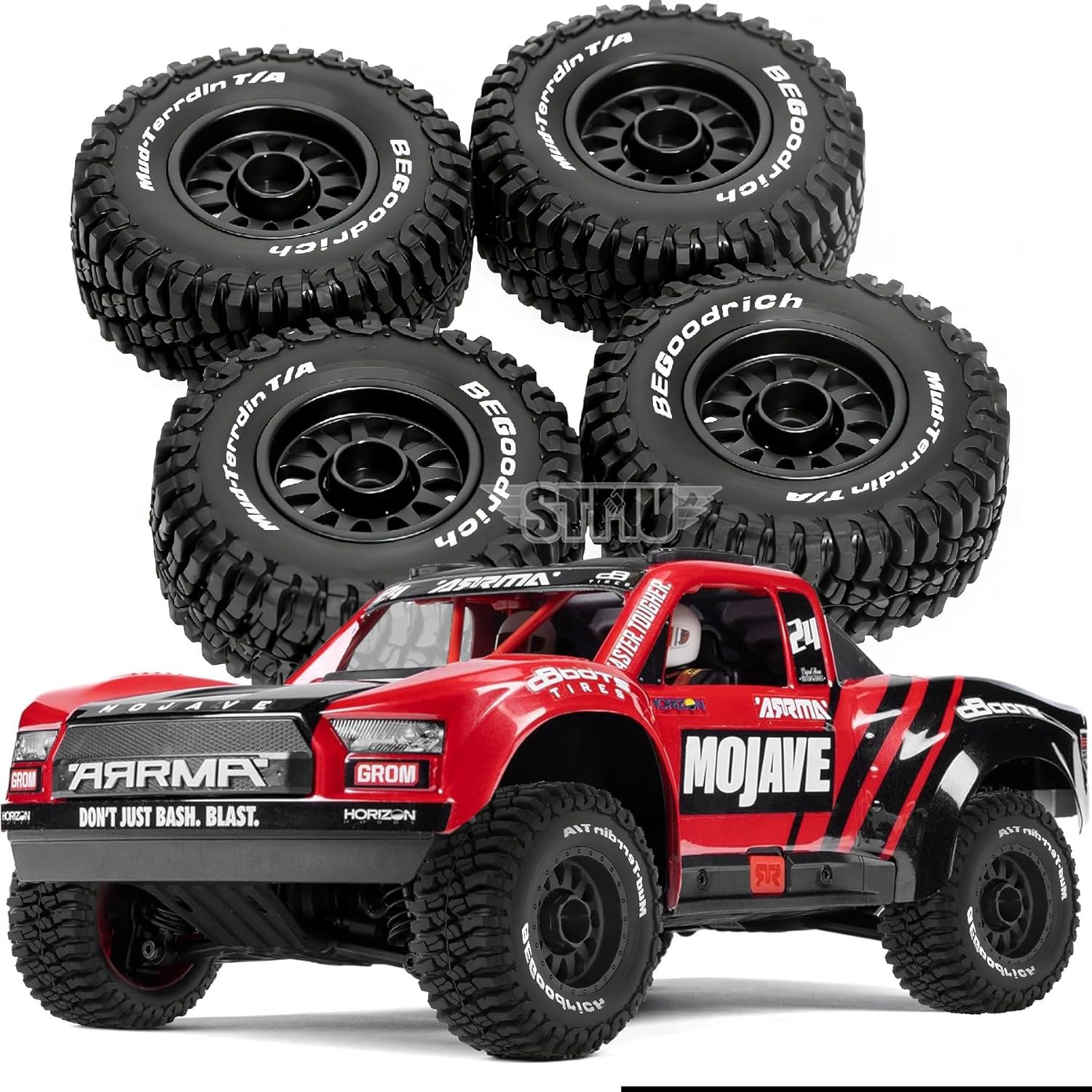 STMU RC Truck Tires and Wheels (4PCS) 12mm Hex All-Terrain Tires 70mm/2.76" OD for Traxxas, ARRMA Mojave GROM,MJX Hyper Go 14301 14302 14303,Tamiya Kyosho HPI 1/14&1/18 Scale On/Off Road (Black)