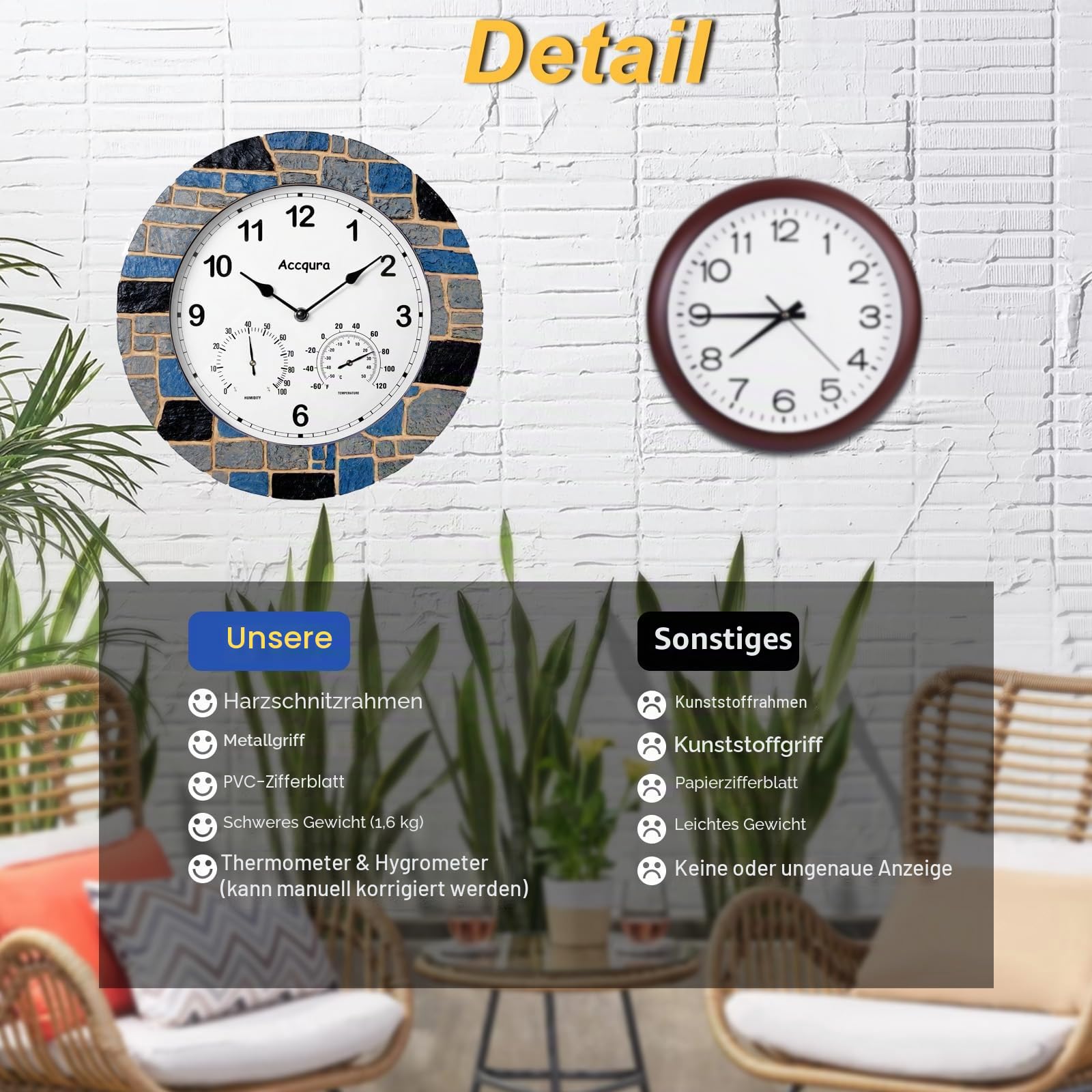 Outdoor Gartenuhr Wanduhren im Freien Echter Kunststein mit wasserdichtem Innendekor mit Thermometer und Hygrometer für Veranda Terrassenzaun Hinterhof Pool Badezimmer Küche 33 Zentimeter