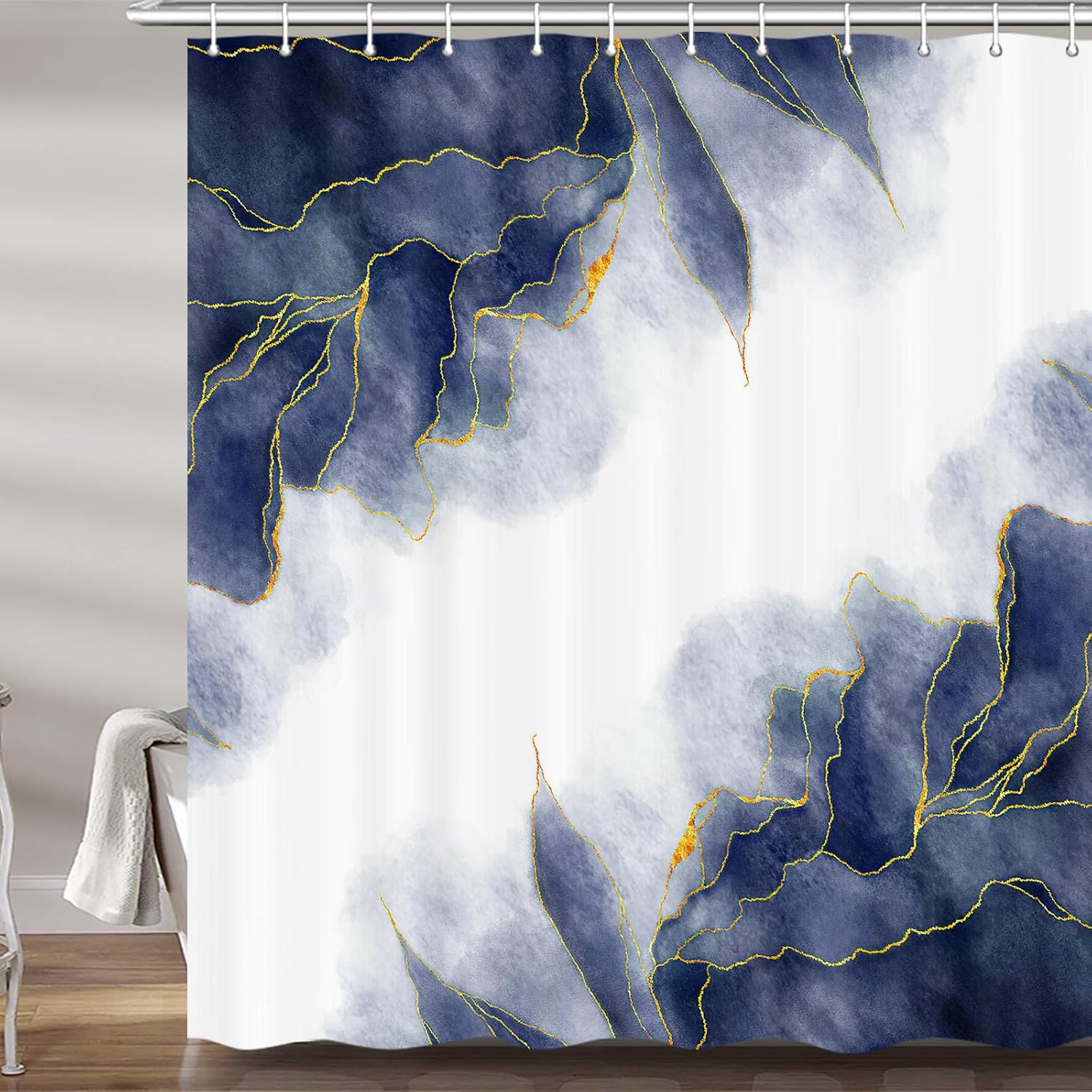MERCHR Green and Gold Marble Shower Curtain, Dark Emerald Sage Hunter Olive Green Fabric Shower Curtains Set for Bathroom, Modern Golden White Restroom Decor Accessories with Hooks 72X84 Inch