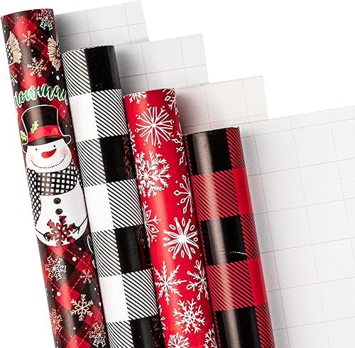Miniatura 7 de LeZakaa Rollo de papel de regalo de Navidad, muñeco de nieve, copo de nieve, cuadros rojos y negros para envolver regalos, manualidades, 30 x 120