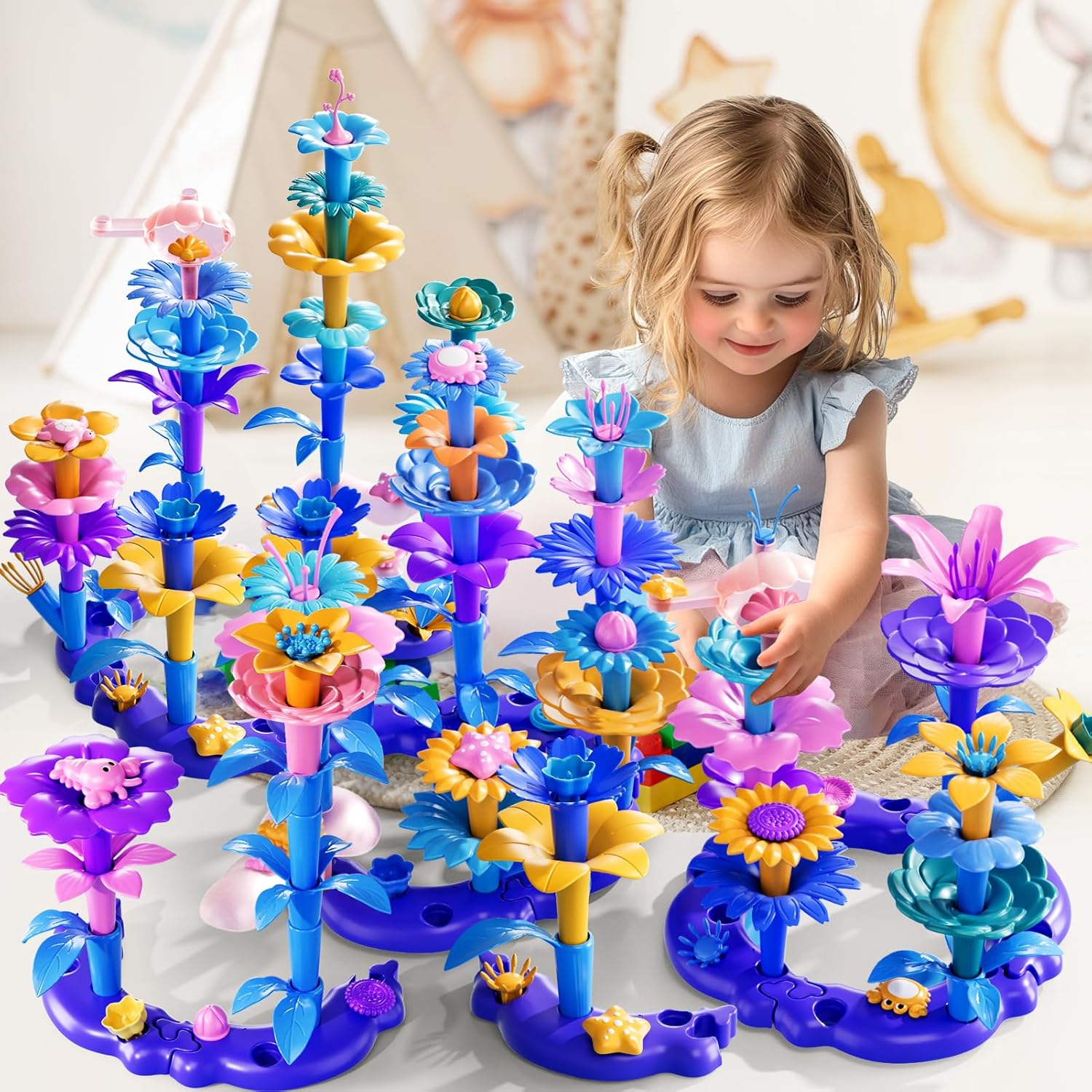 LILYBUDS 97 Pcs 3 Year Old Girl Gifts,Flower Garden Building Toy Set Toddlers Toys Gifts Best Educational Learning Fine DIY Crafts Stem Construction Stacking Kit,for 3 4 5 6 7 Year Kids Birthday