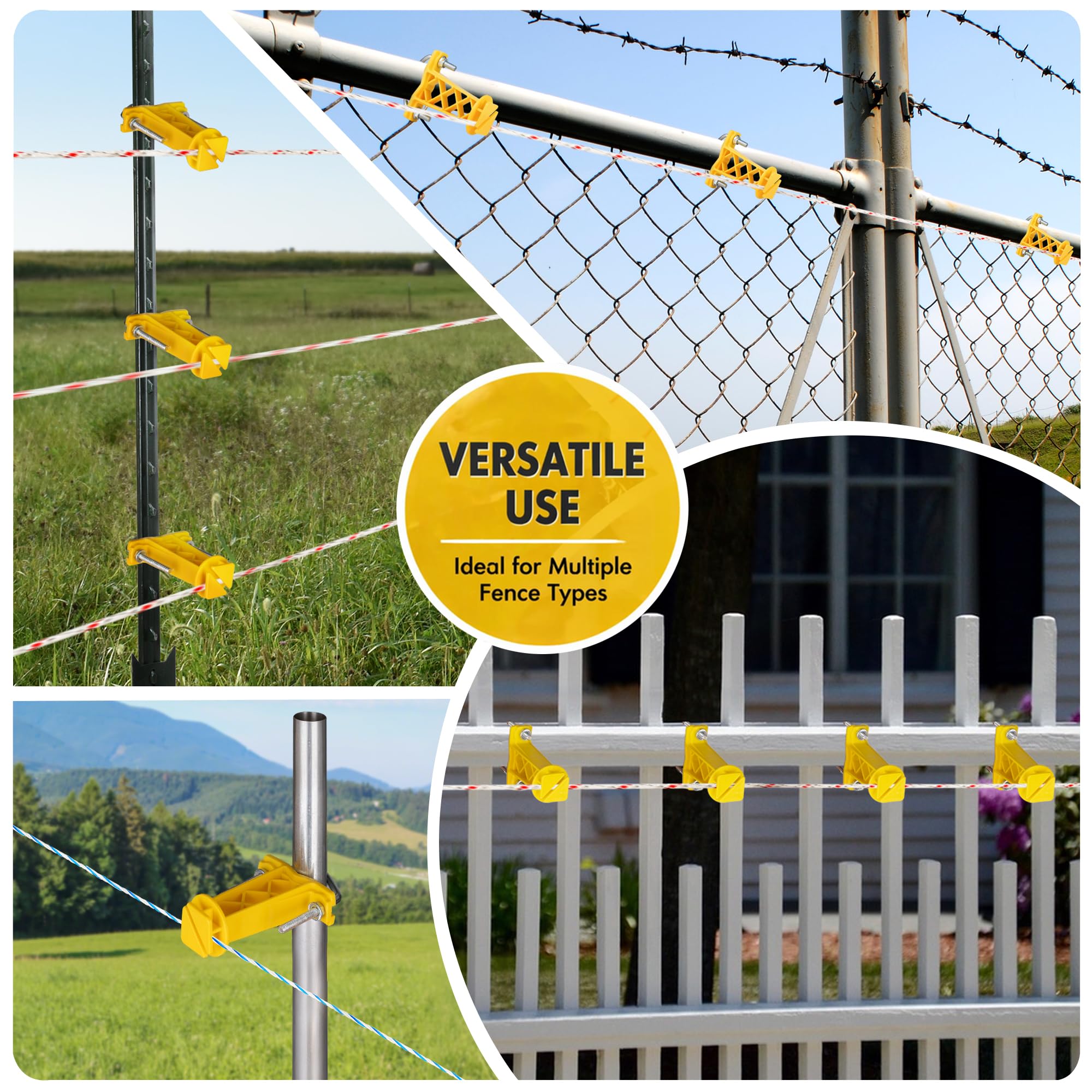 50 aisladores de poste de tubo, aisladores de tubería redondos de valla eléctrica para alambre de valla eléctrica para tubos cuadrados o redondos, color amarillo