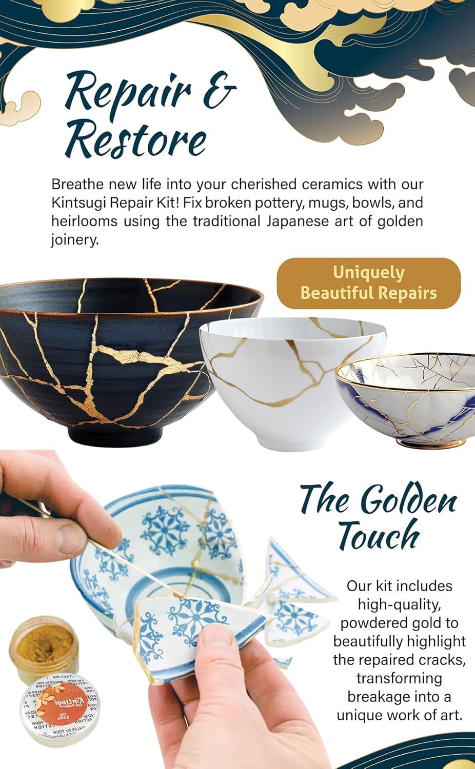 Kintsugi Repair Kit for Ceramics, Kintsugi Japanese Pottery Repair Kit w/Practice Bowls, Gold Powder, Pottery Repair Epoxy Glue, Crafts for All Skill Levels, Restore Meaningful Broken Porcelain Items