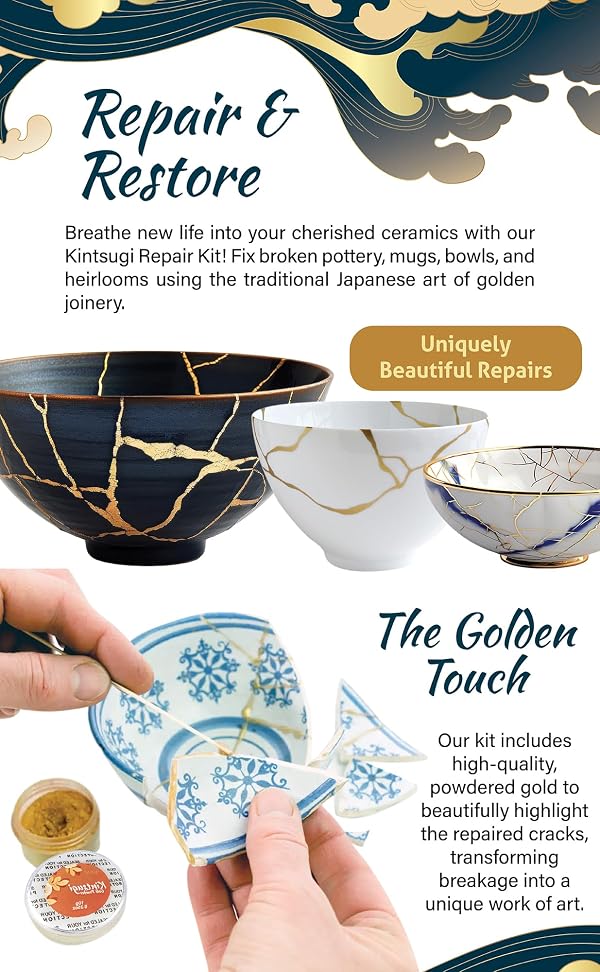 Kintsugi Repair Kit for Ceramics, Kintsugi Japanese Pottery Repair Kit w/Practice Bowls, Gold Powder, Pottery Repair Epoxy Glue, Crafts for All Skill Levels, Restore Meaningful Broken Porcelain Items by 4LEAF TREASURE - Used condition - Image 3