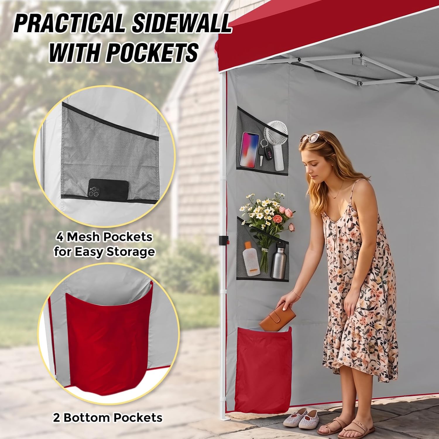 EAGLE PEAK Commercial Canopy 10x10 with Sidewall Storage, Easy OnePerson Setup Pop Up Canopy Tent with Roller Bag, Stakes, Ropes, and Weight Bags, Red