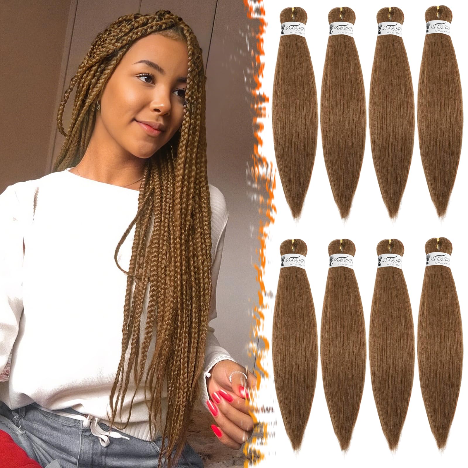 BARSDAR 26 Inch 8 Packs Auburn Braiding Hair Pre Stretched Professional Synthetic Crochet Braiding Hair Extensions Hot Water Setting Yaki Texture -30# Light Auburn