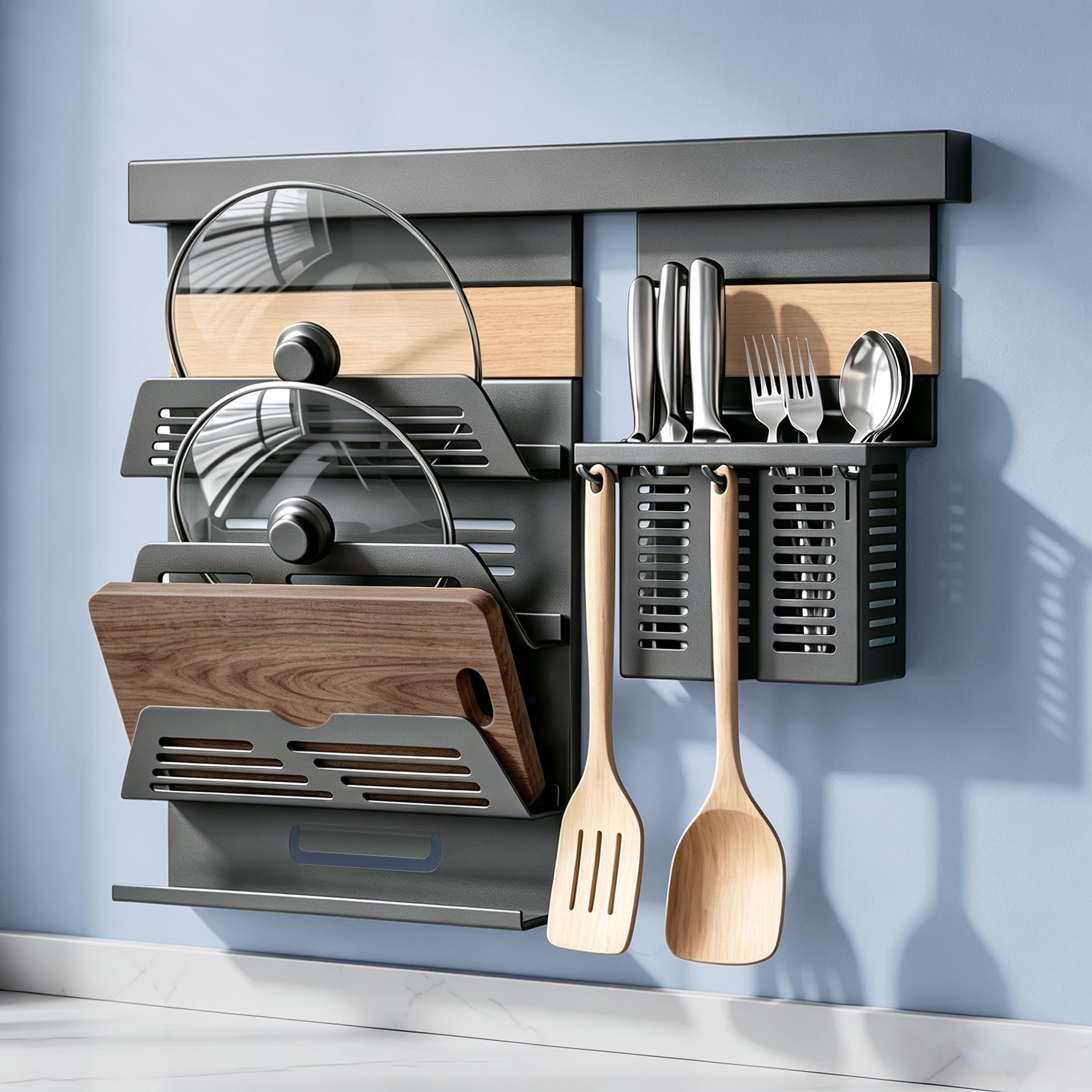 doporro Küchen-Organizer 52cm mit Topfdeckelhalter und 2 Besteckhalter | Hakenleiste Küche 52 cm aus Metall, mit 3 Ebenen Deckelhalter und 5 Haken, Küchen Wandregal Schrauben oder Kleben, Grau Reglo