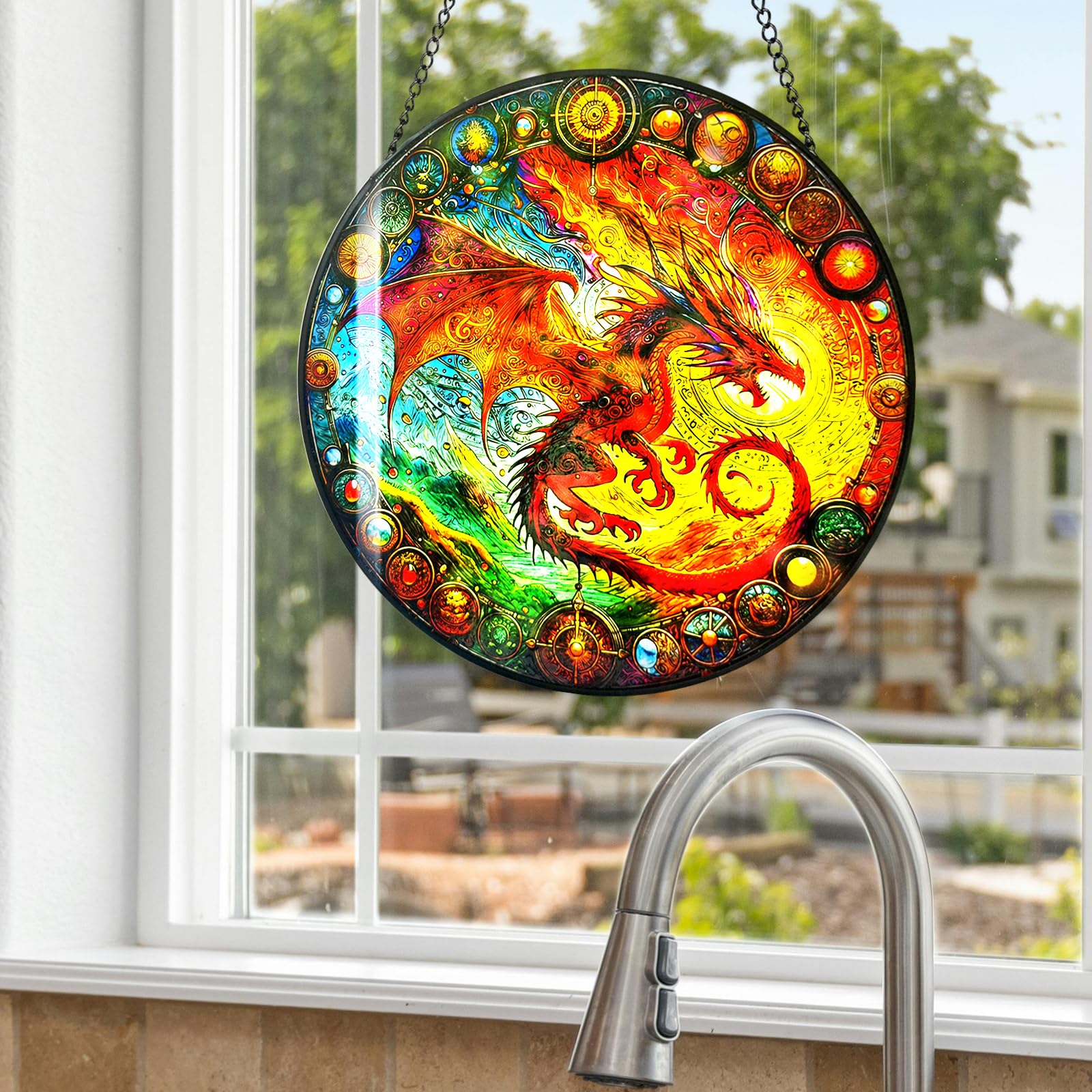 Huyfoig Feuerdrache Buntglas-Fensterbehang – Farbenfroher Sonnenfänger Als Deko Für Fenster Oder Tür (20 Cm)