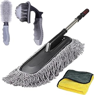 Car Microfiber Duster & Rim Tyre Cleaner Brush & 800 GSM Microfiber Cloth Car Cleaning Brush for Car Cleaning Car Accessories (Pack of 4) Car Cleaning Combo