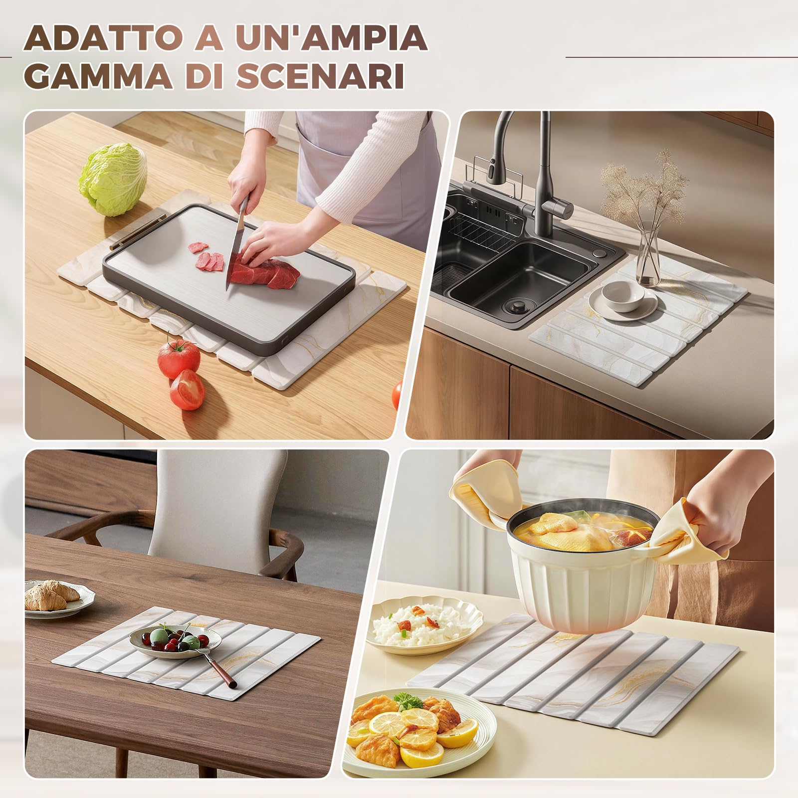Tappetino Scolapiatti in Diatomite 40 x 30 cm, Tappetino Scolapiatti Assorbente Cucina, Assorbente e Asciugatura Rapida (Bianco Oro, con Porta Saponetta)