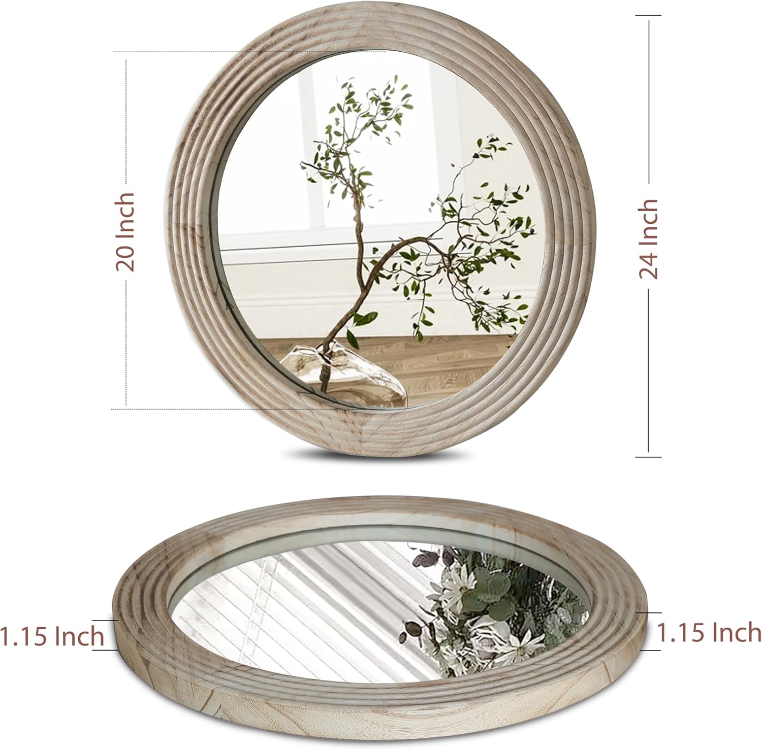 LOSOUR Round Mirror, Farmhouse Decor Solid Wood Frame Wall Circle Mirror, Decorative Mirrors for Bathroom Over Sink, Living Room, Entryway,Bedroom, Entryway, Hallway,Foyer (1, Brown, 24" L x 24" W)