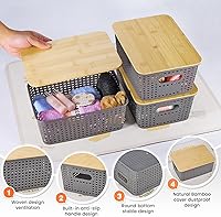Vista 3 de Plastic Storage Baskets With Bamboo Lid - Plastic Storage Containers Stackable Storage bins: Storage Baskets for Organizing Shelves Drawers Desktop