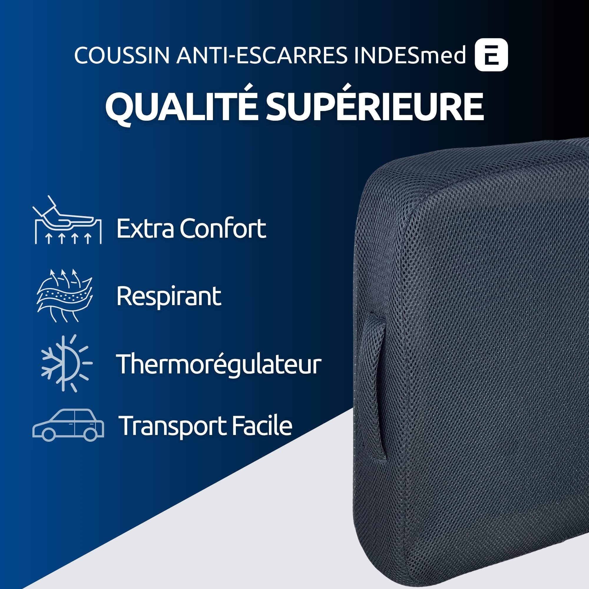 INDESMED | Coussin Ergonomique Gel & Viscoélastique Premium 40x40x8cm – Haute densité, Mémoire de Forme, Prévention des escarres – Housse Lavable, Anti-dérapante – Maison, Voiture & Fauteuil Roulant