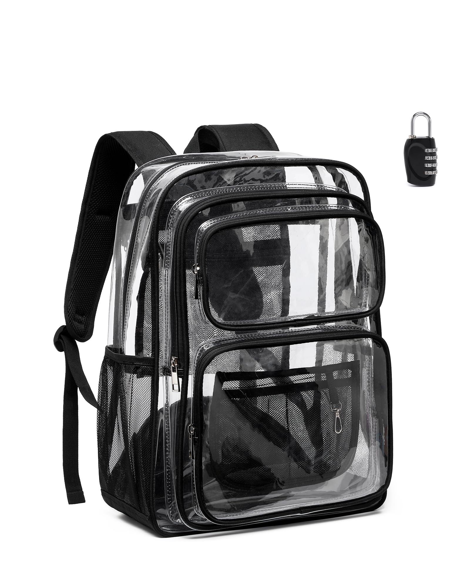 BAVERGE Transparenter Rucksack, strapazierfähig, 45,7 cm, extra große Büchertasche, 3 Vordertaschen und Schloss, für Stadionveranstaltungen, Reisen, Arbeit, Schwarz