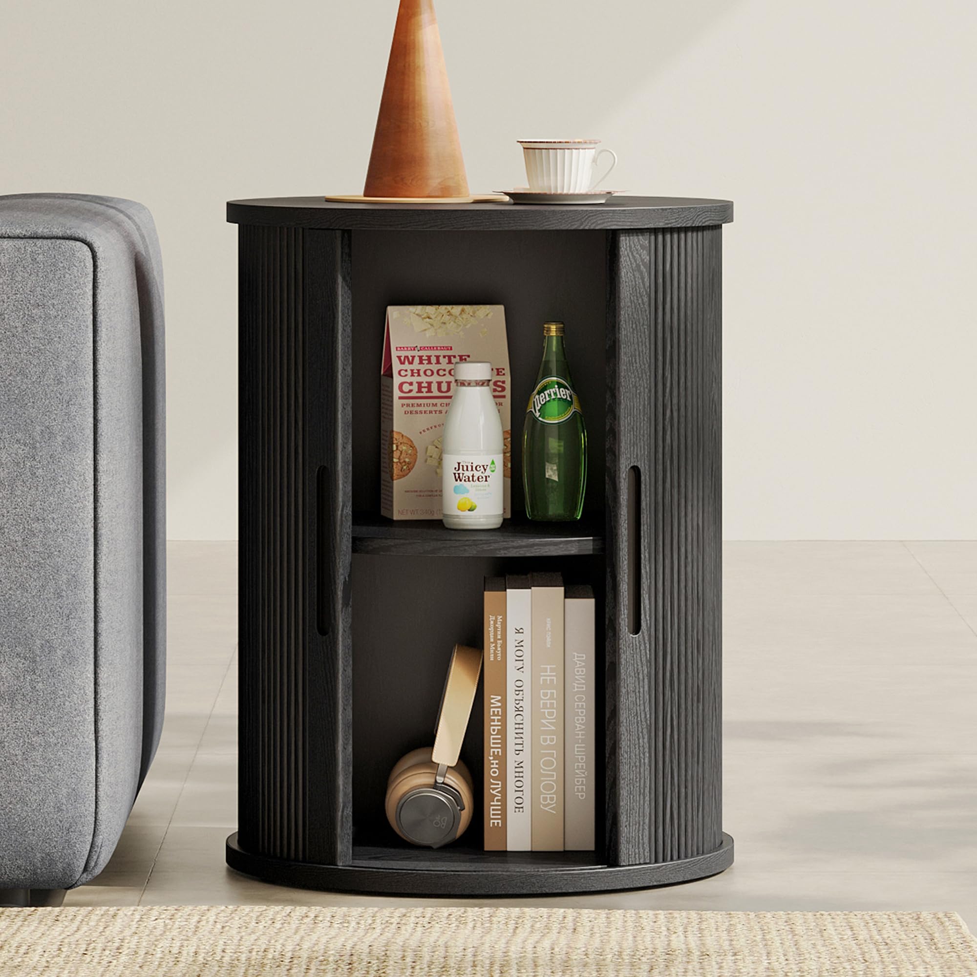 LINSY HOME Round Fluted End Table, Tall Side Table with Sliding