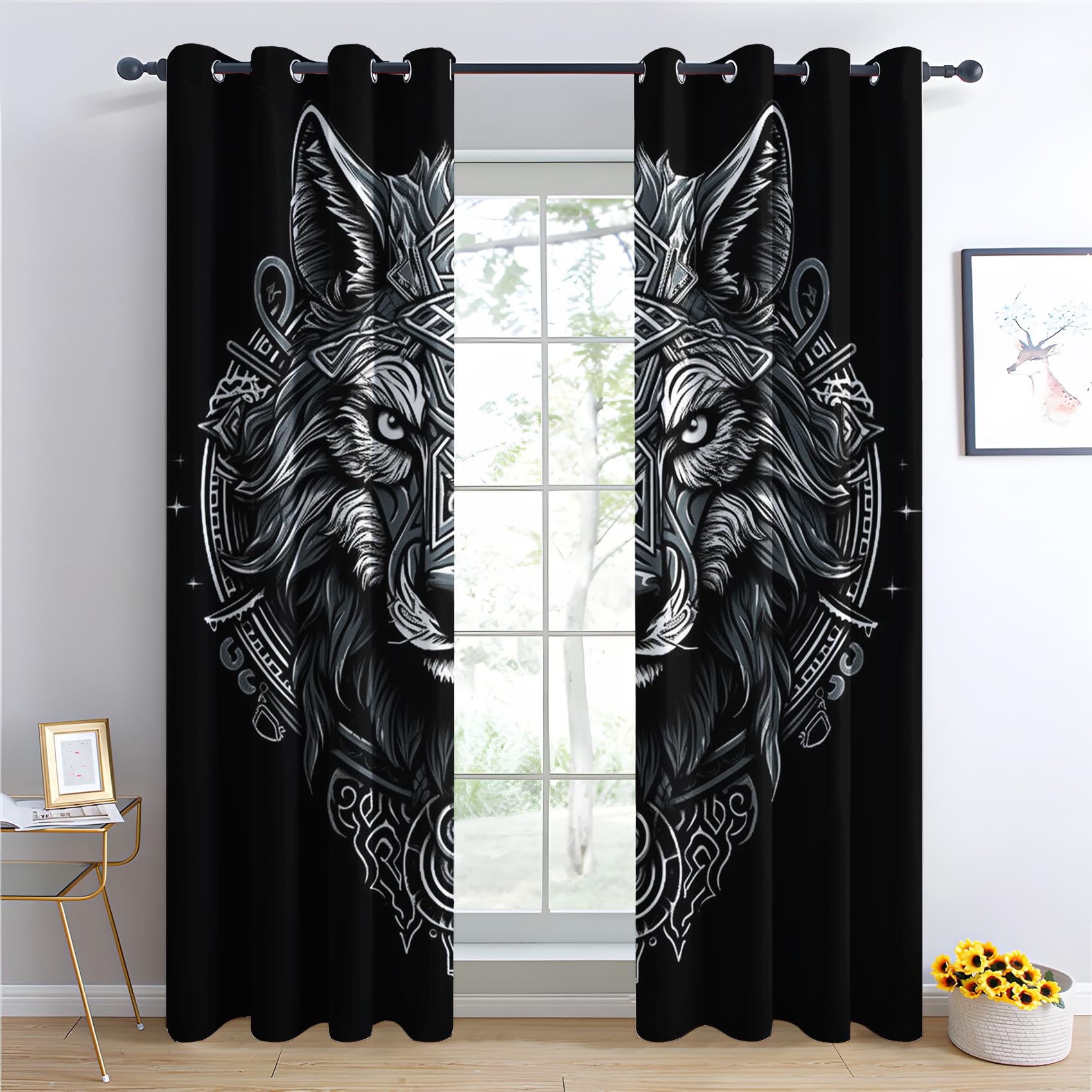 Rideau Occultant Loup, Rideau Isolant Thermique pour Salon Chambre, Rideaux Motif Viking, Rideau Opaque à Oeillets, Lot de 2 Rideaux et Draperies Intérieur 140x160cm LxH