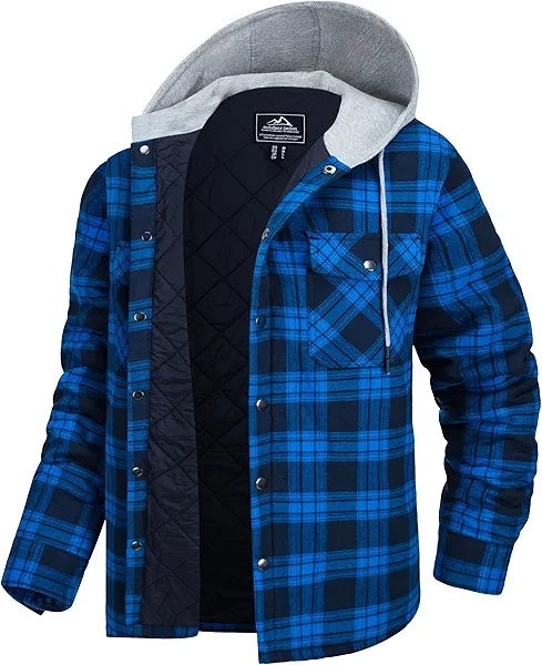 Men's Long Sleeve Flannel Shirts Jacket Heavyweight Plaid Button Up Shirt Warm Corduroy Lined Jacket Plaid Winter Coats for Men Blue