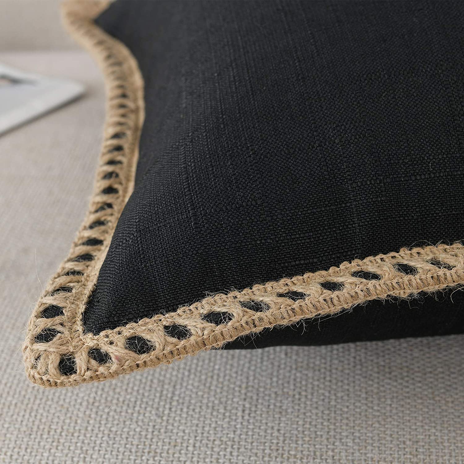 Juego de 2 fundas de almohada de granja - Fundas de cojín decorativas de lino de arpillera con bordes a medida para decoración del hogar y cama, 18 x 18 pulgadas, color negro 7