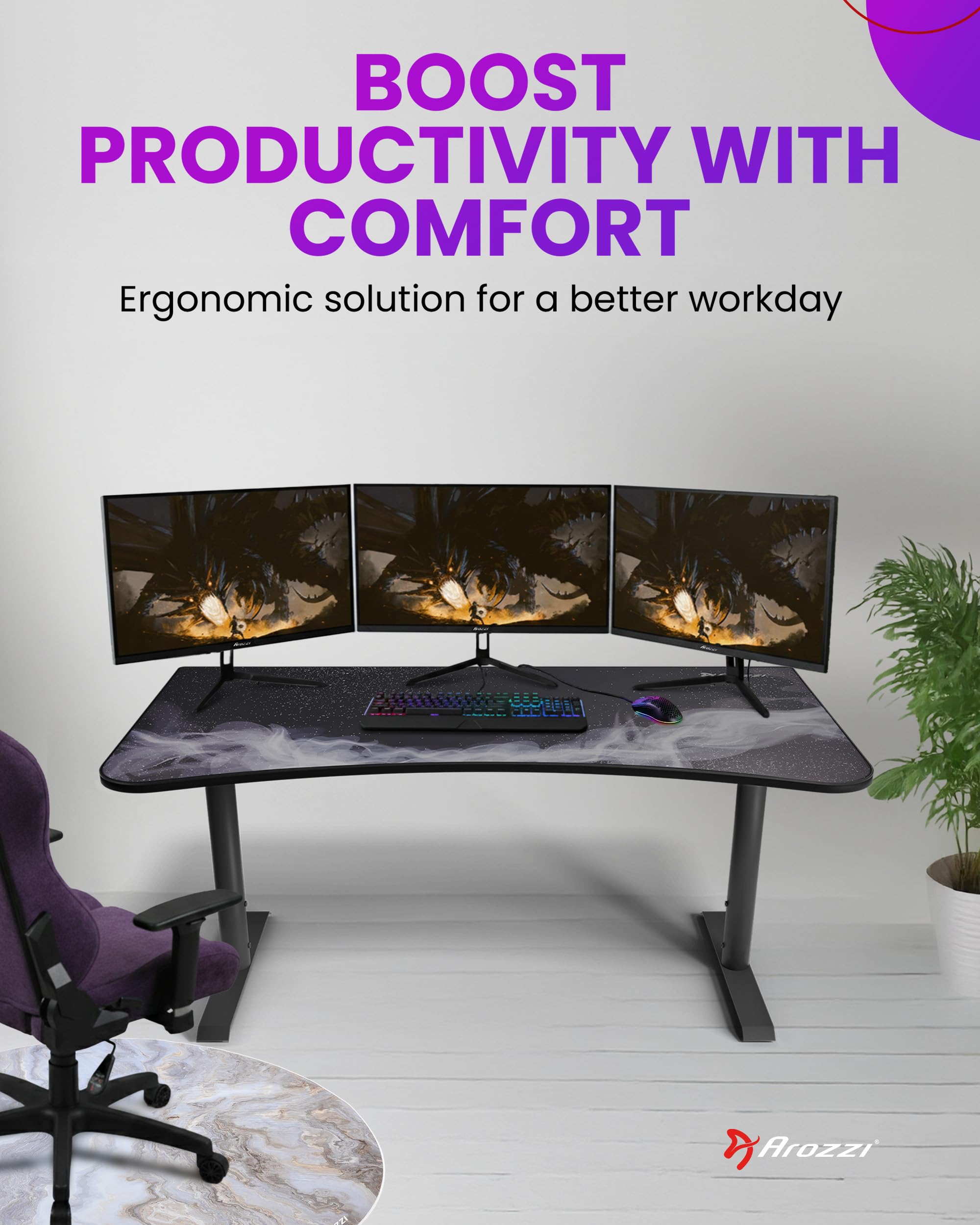 Arozzi Arena Gaming Tisch - Groß 160x82cm Gaming Schreibtisch für kleine Räume - Höhenverstellbar PC Tisch mit Full-Surface Mikrofasermauspad - Kabelmanagement und stabile Stahlbeine - Gunmetal Galaxy
