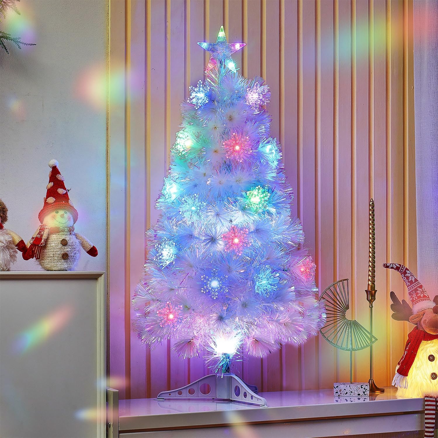 Juegoal 3ft Pre-Lit Artificial Mini Christmas Tree, Lighted Optical Fiber Tabletop Xmas Tree with Color Changing LED Lights, Snowflakes & Top Star, Party Home Holiday Fake Multicolored Tree, White