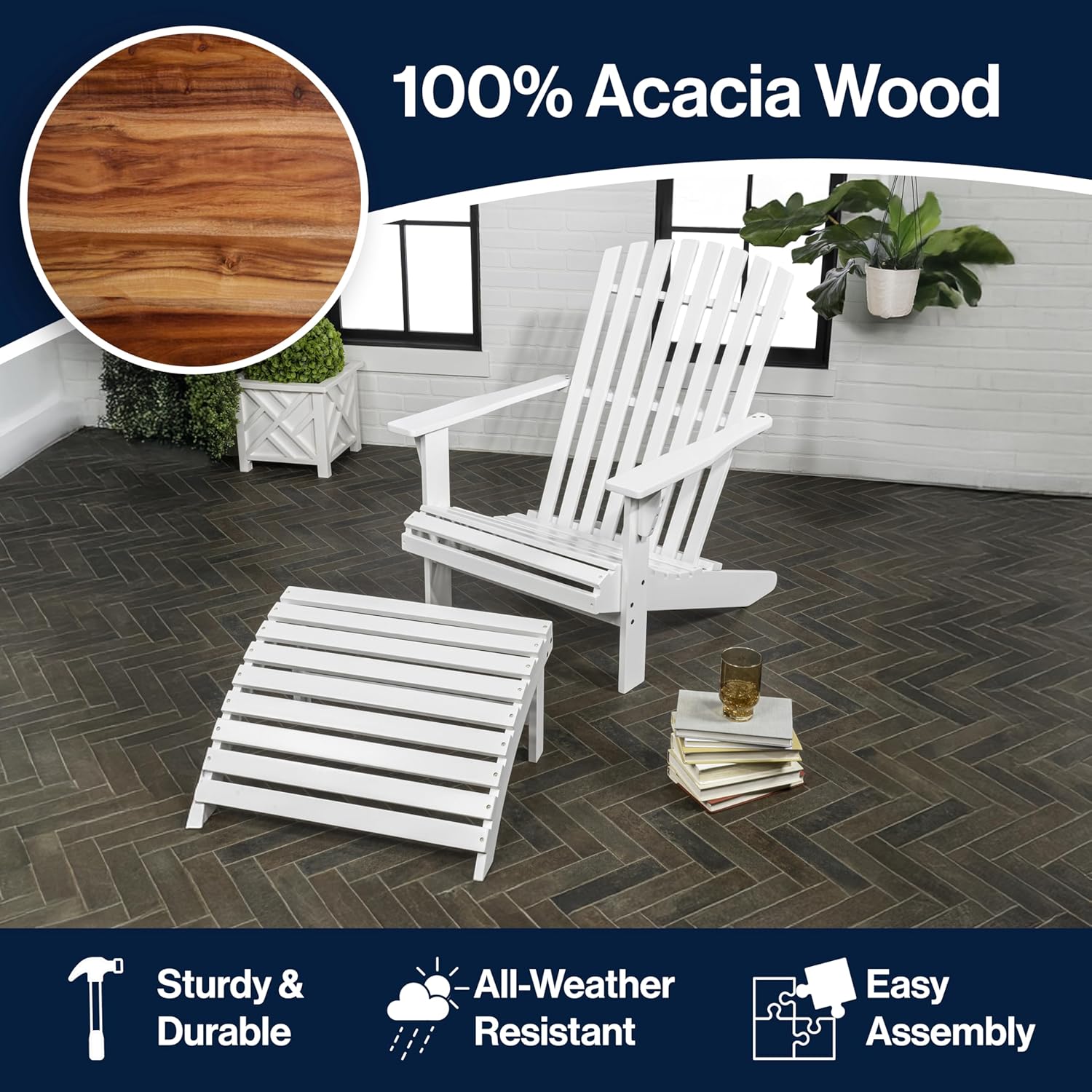 JONATHAN Y ADK1000D Saranac 2-Piece Traditional Rustic Acacia Wood Adirondack Chair with Detachable Ottoman Classic, Coastal, Cottage, Vintage, Farmhouse, White
