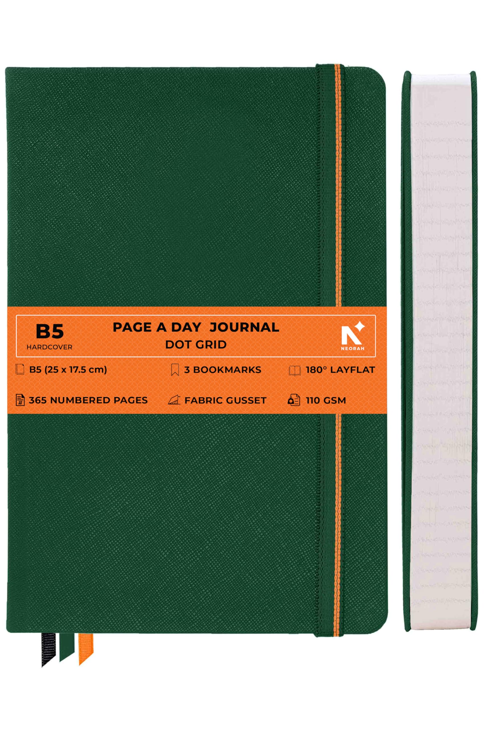 NEORAH —B5 DOTTED | 365 pagine numerate - 110 g/m² | Diario di tutti i giorni (25 x 17,5 cm) - Taccuino con copertina rigida a punti | Tasca posteriore | 3 segnalibri in seta - Completamente