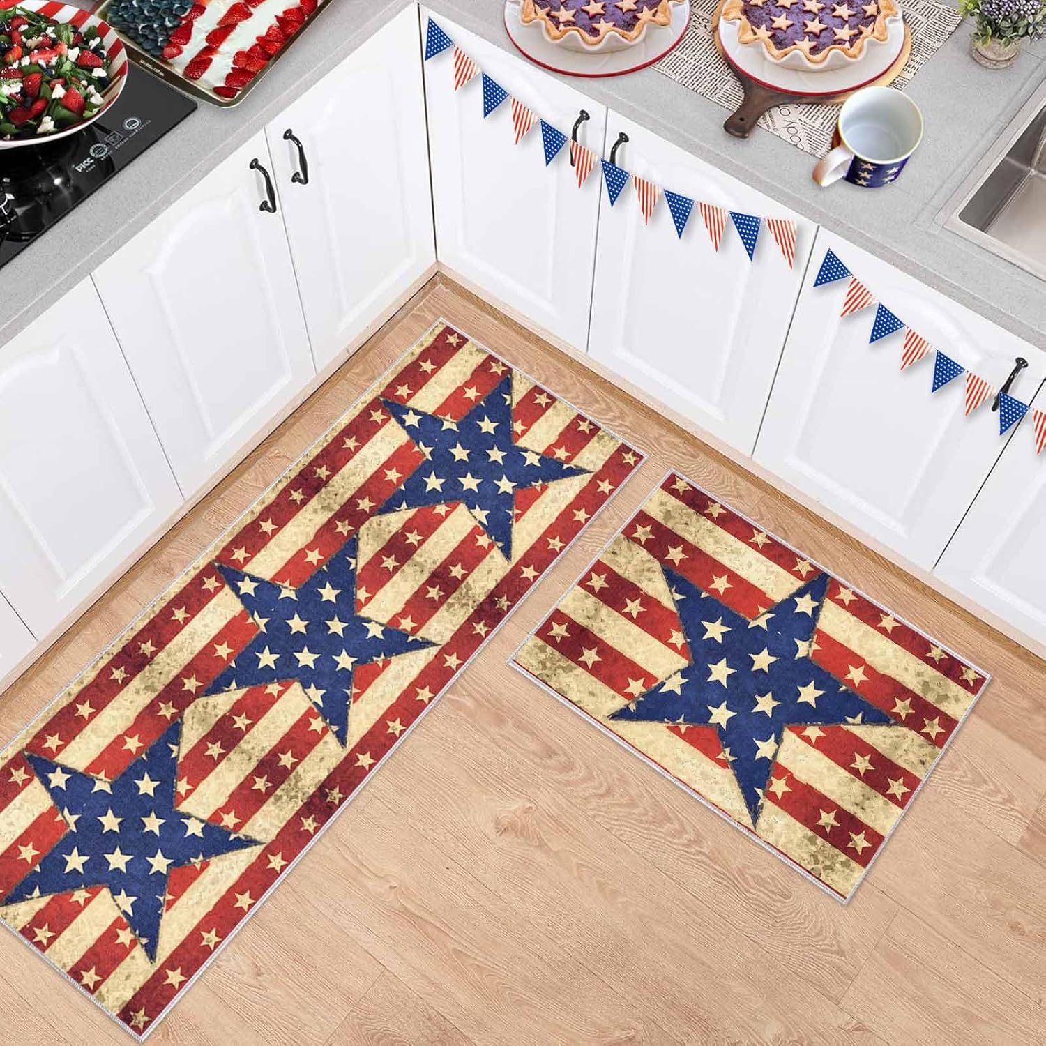 2 Pieces Kitchen Rugs and Mats,Independence Day Vintage USA Flag Area Runner Rug Set Non Slip Floor Doormat Washable Carpet Standing Mat for Kitchen Sink Indoor Corridor,Red Blue Stars Striped
